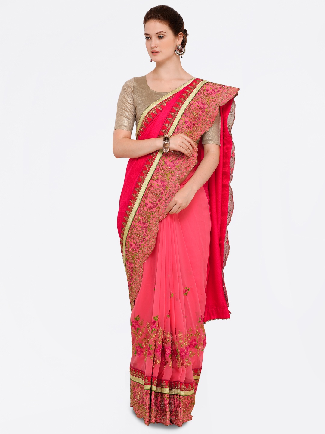 

Kalista Pink Embroidered Poly Silk Saree