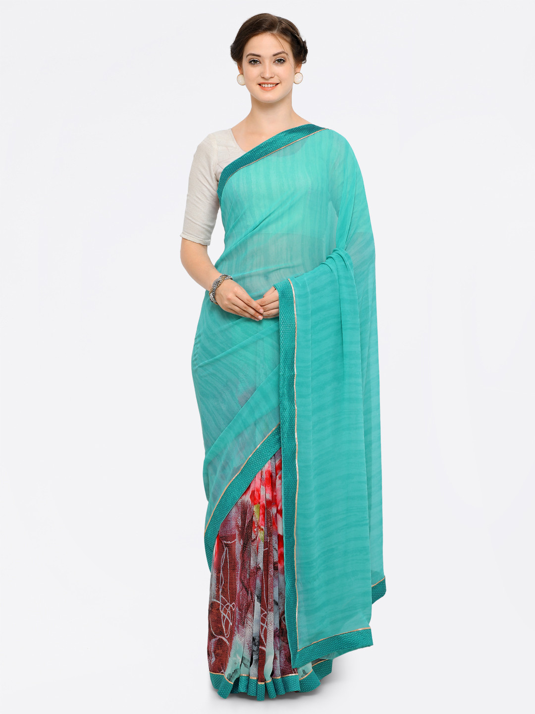 

Kalista Turquoise Blue Printed Poly Georgette Saree