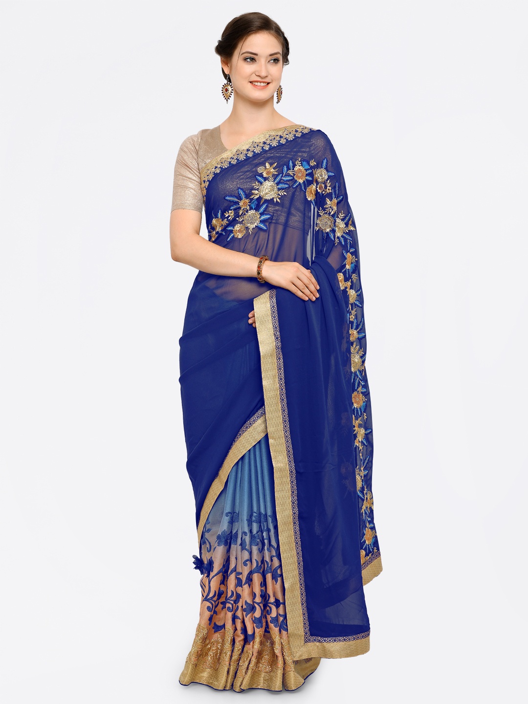 

Kalista Blue Embroidered Poly Georgette Saree