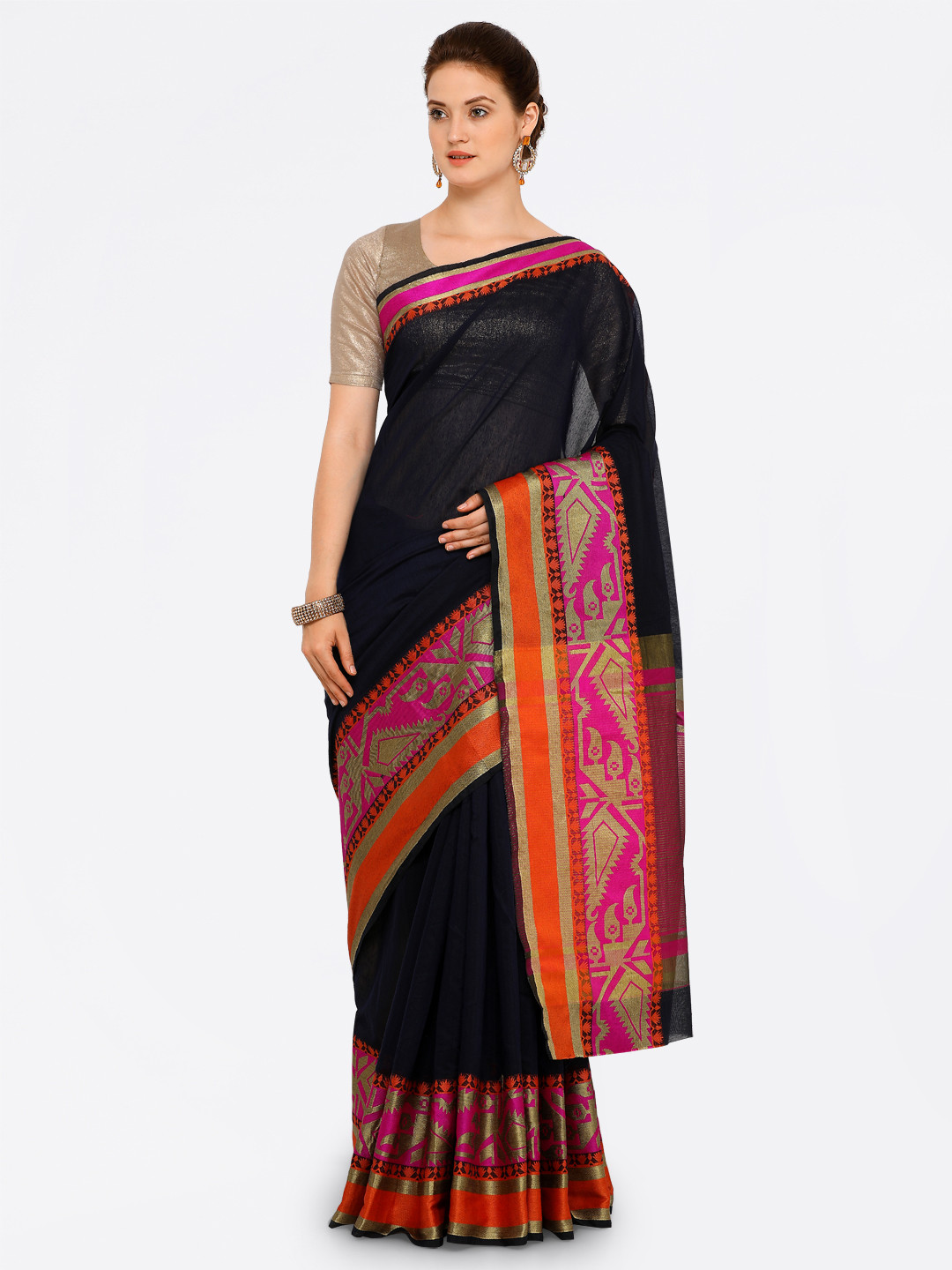

Kalista Black & Pink Woven Design Saree