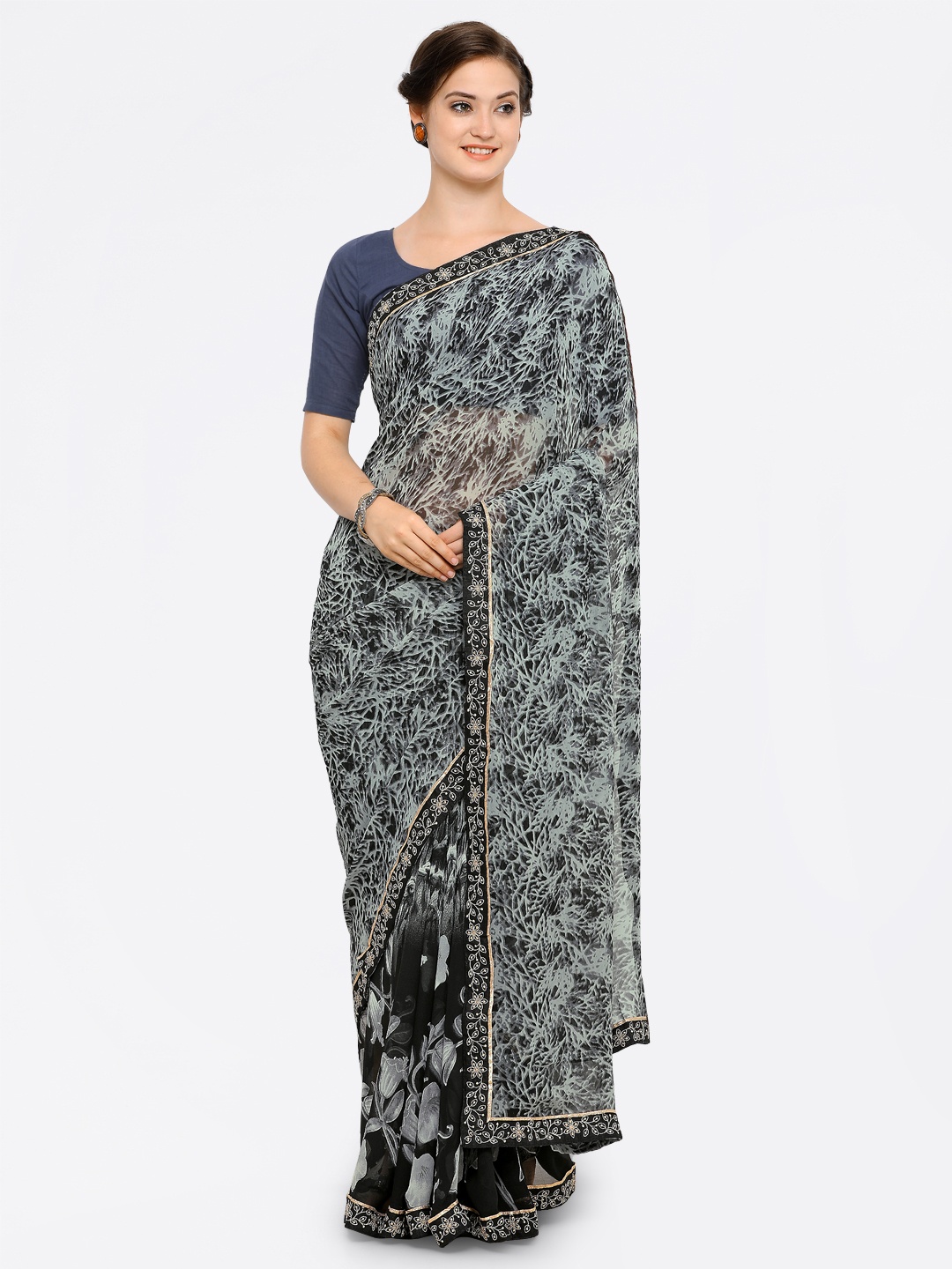 

Kalista Grey & Black Poly Georgette Printed Saree