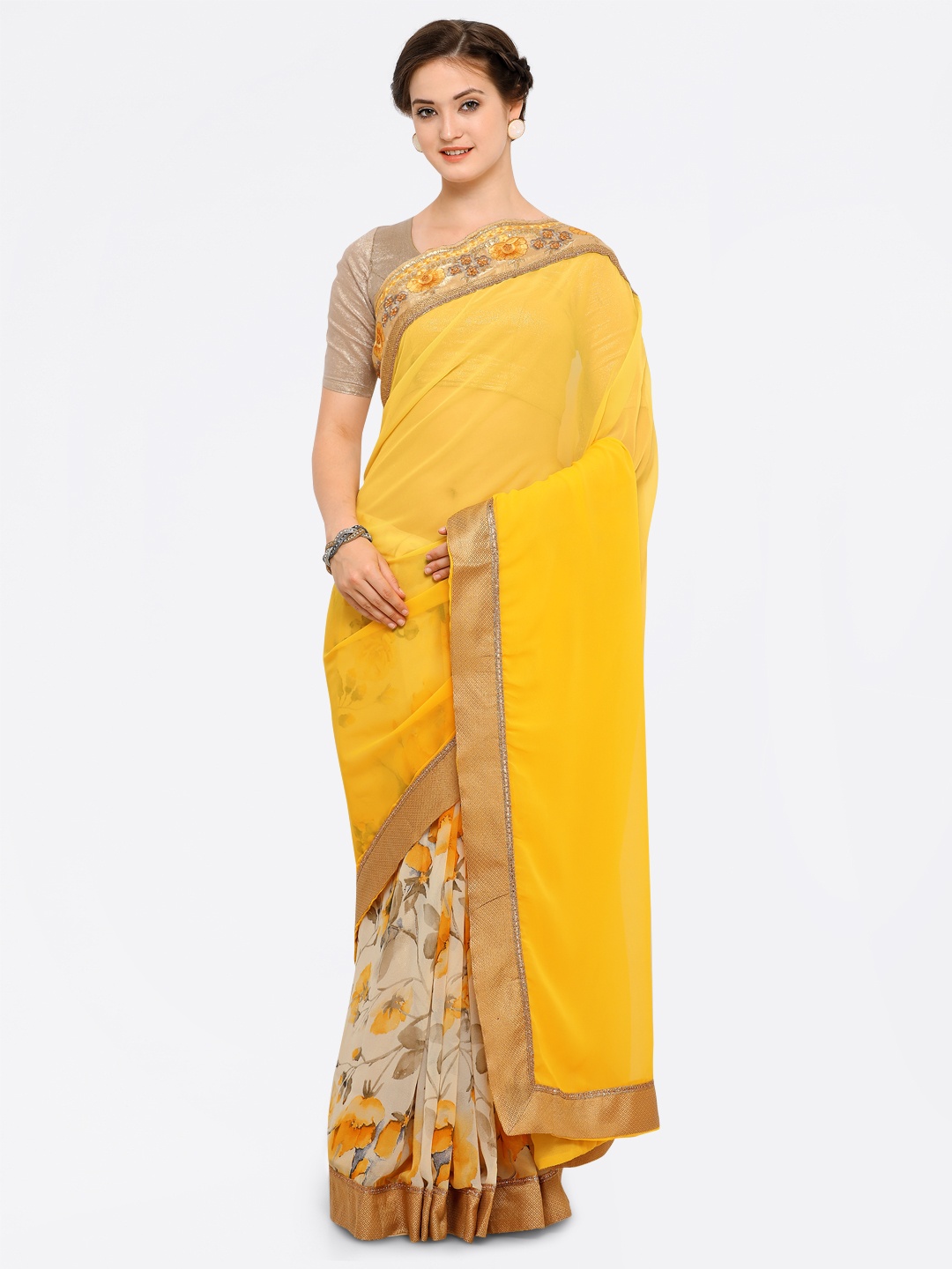 

Kalista Yellow & Beige Poly Georgette Embroidered Saree