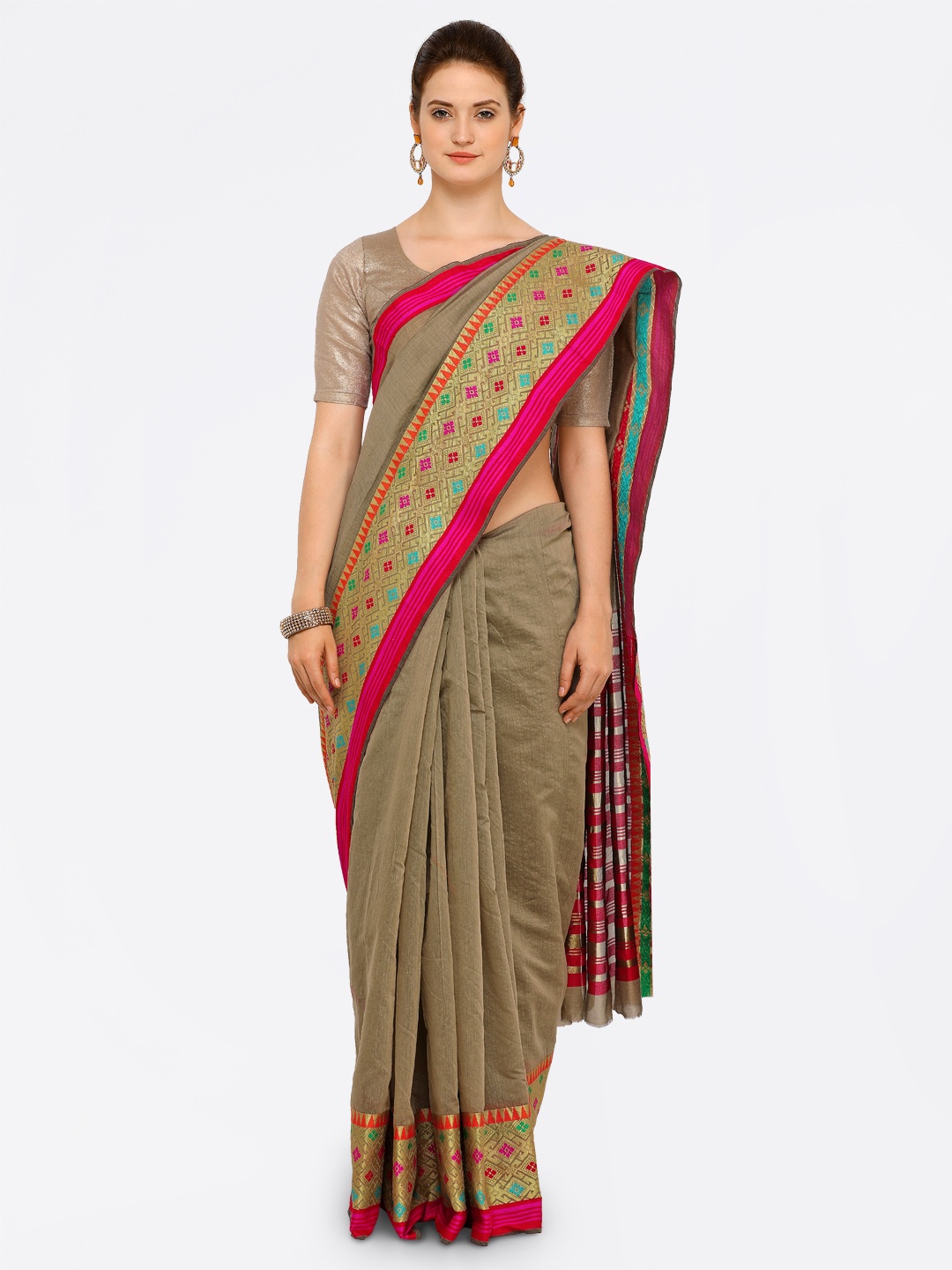 

Kalista Women Beige Woven Design Polycotton Saree