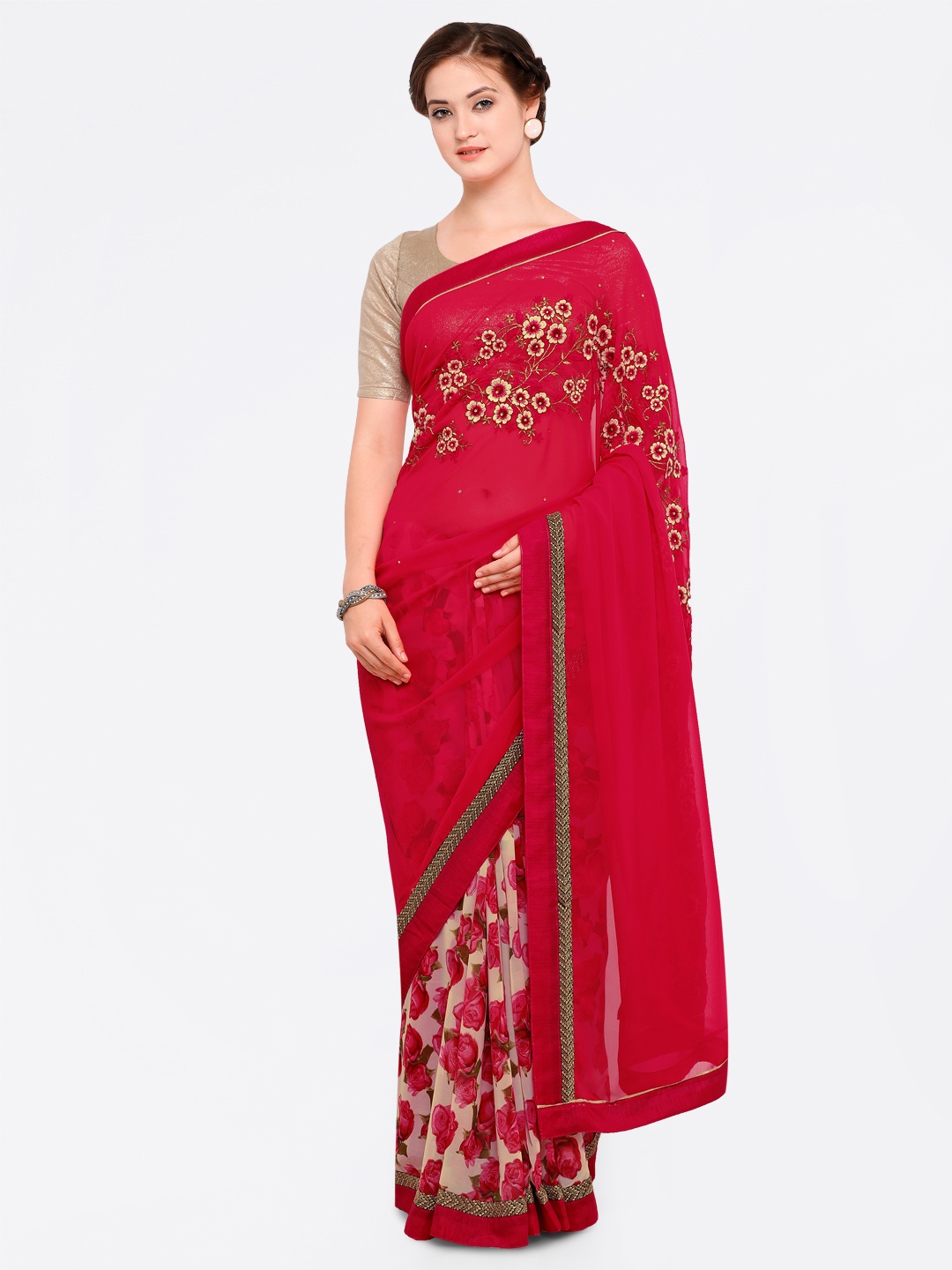 

Kalista Red Embroidered Poly Georgette Saree