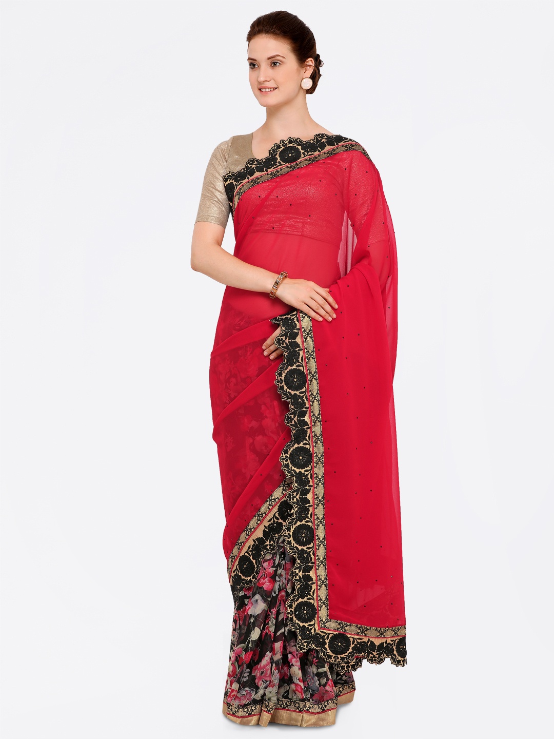 

Kalista Red & Black Poly Georgette Embroidered Saree