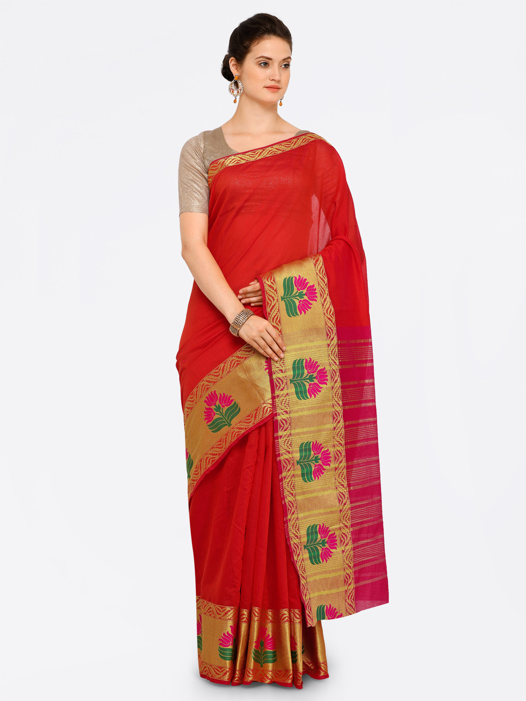 

Kalista Orange & Pink Polycotton Woven Design Saree