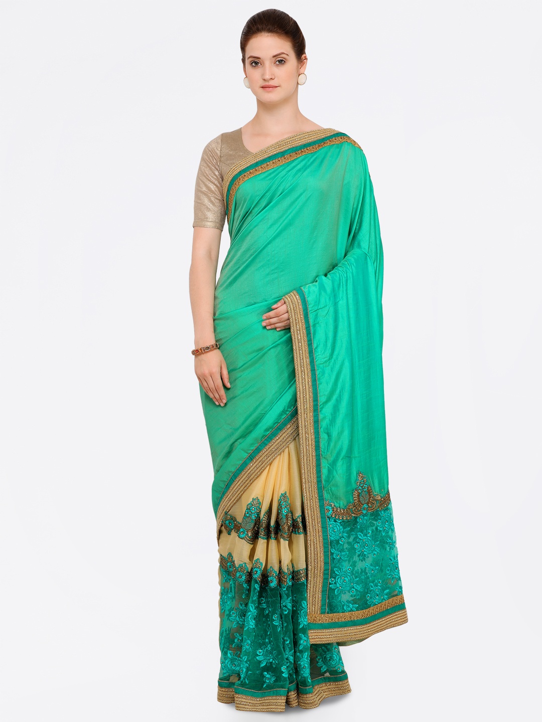 

Kalista Sea Green & Beige Poly Silk Embroidered Saree