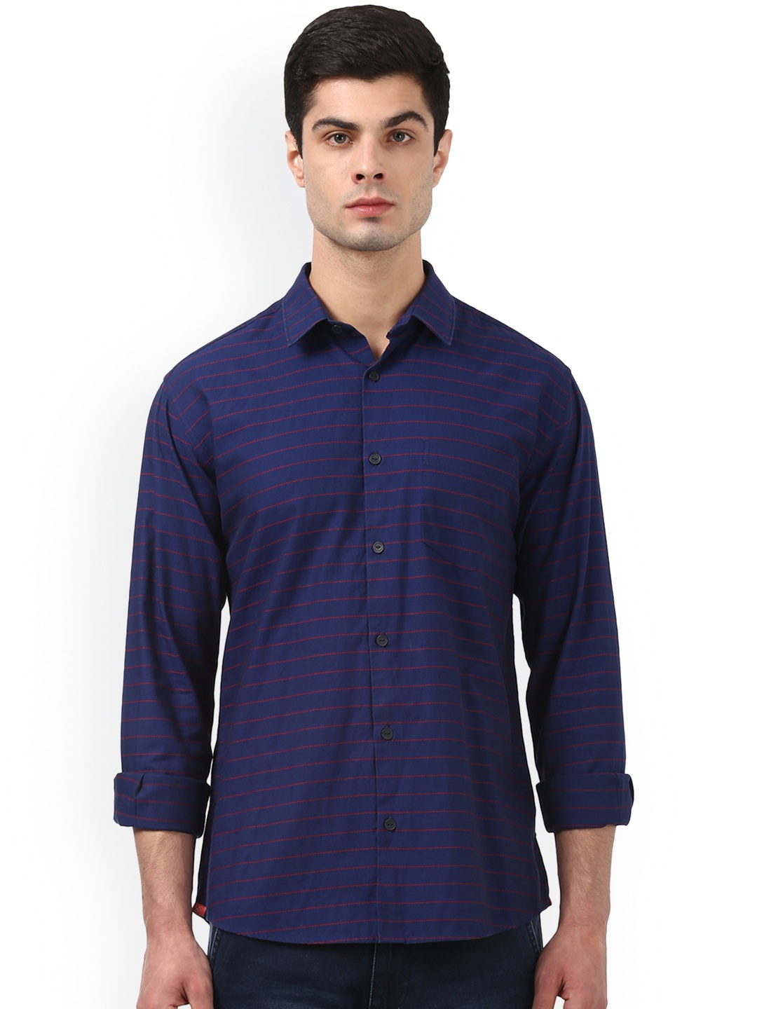

Park Avenue Men Navy Blue & Red Slim Fit Striped Casual Shirt