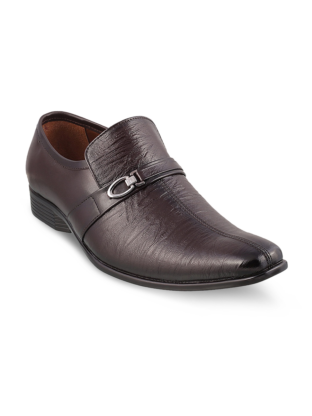 

Metro Men Brown Solid Leather Formal Slip-Ons