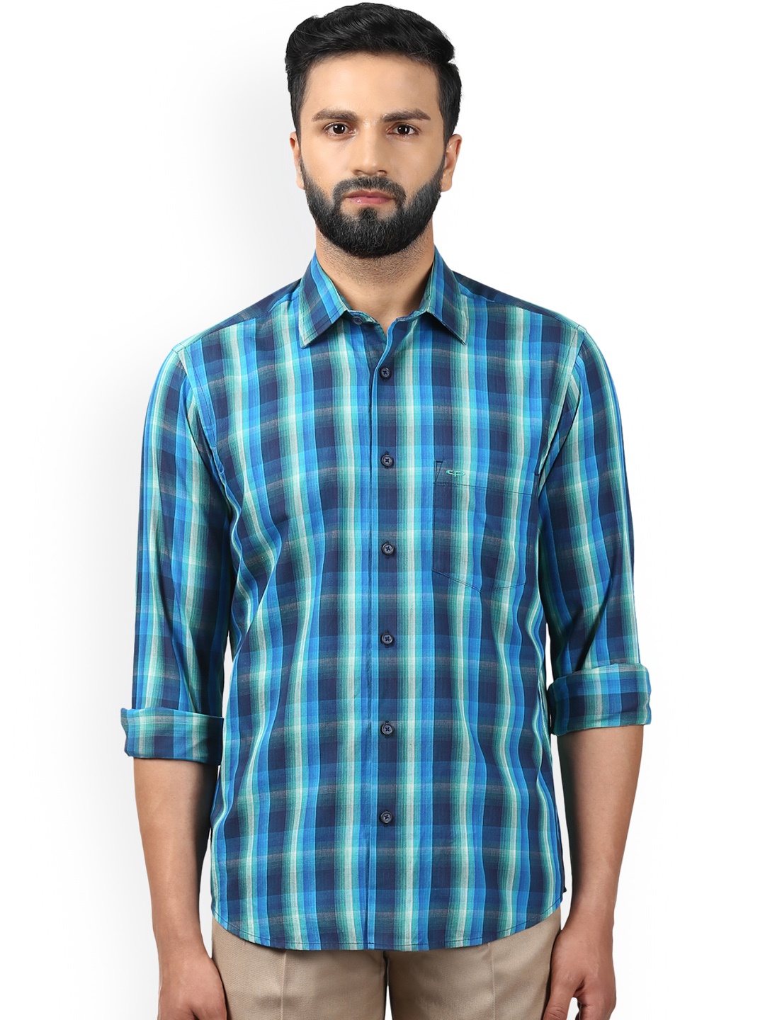

ColorPlus Men Green & Blue Checked Slim Fit Casual Cotton Shirt
