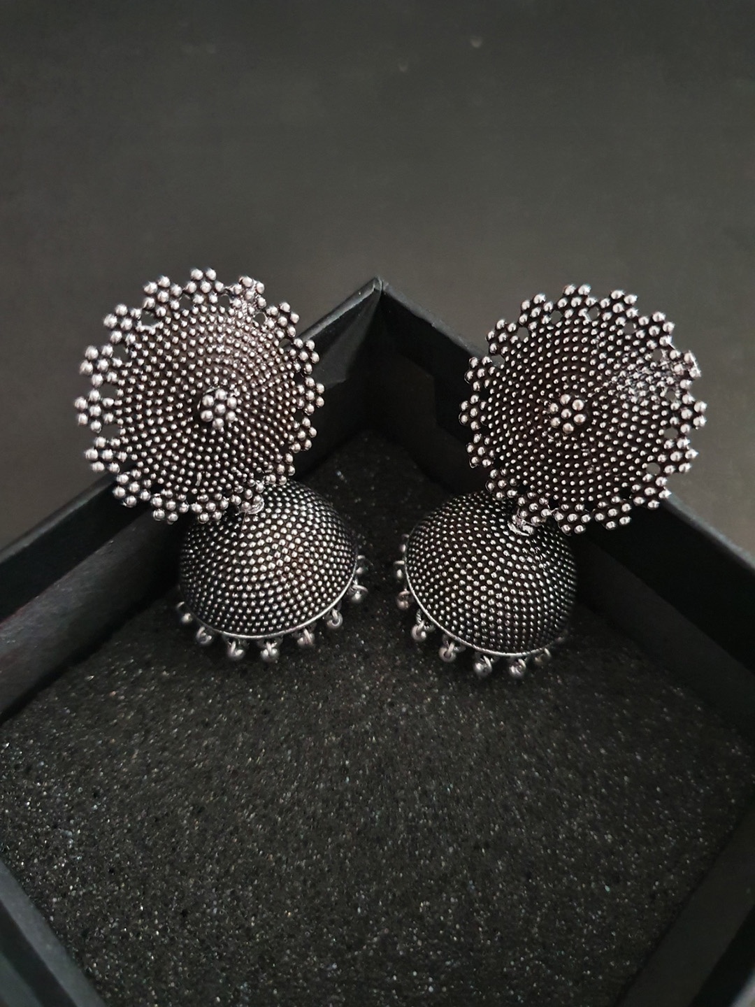 

Infuzze Oxidised Silver-Plated Dome Shaped Jhumkas
