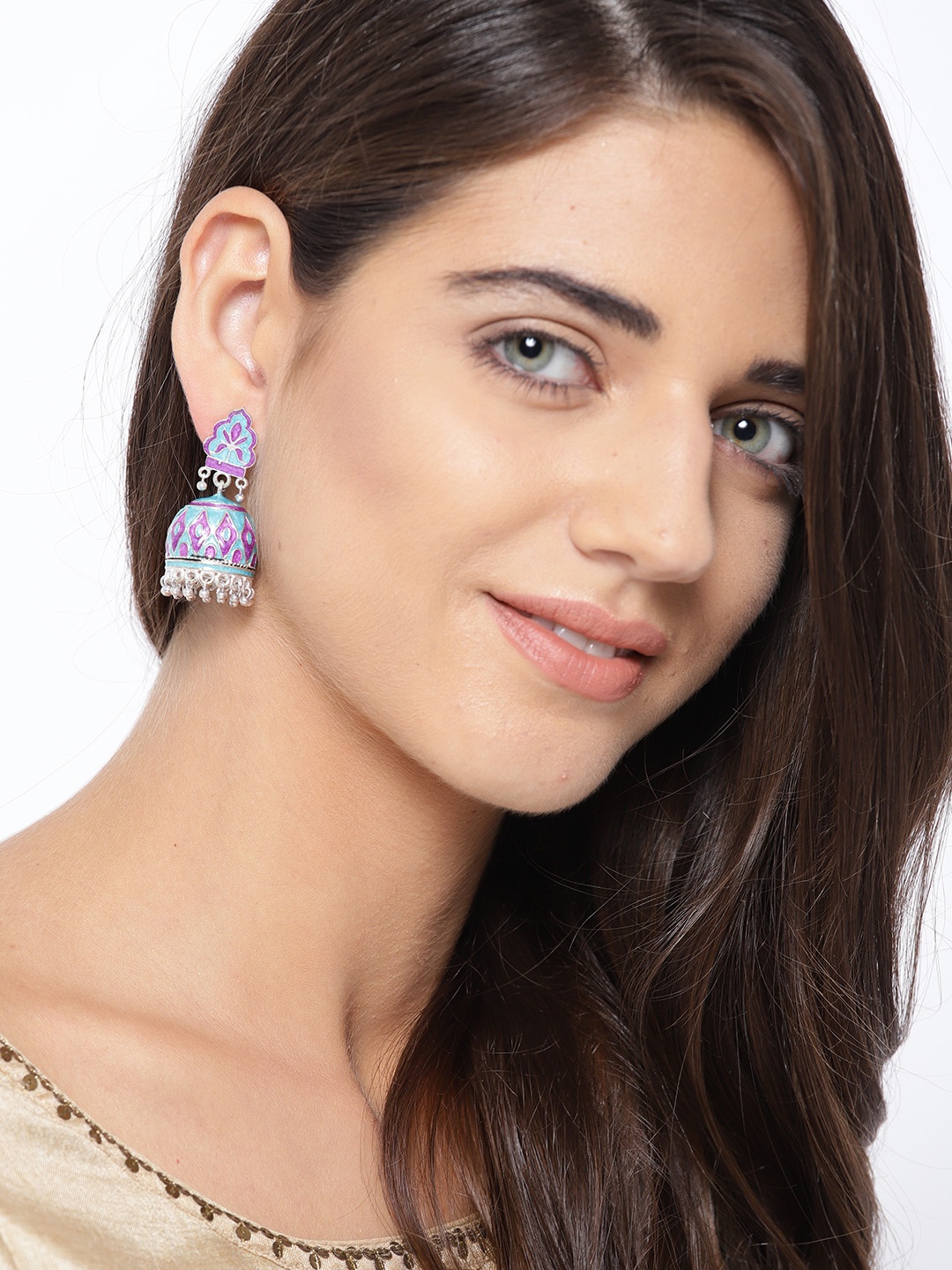 

Infuzze Silver-Toned & Blue Dome Shaped Meenakari Jhumkas