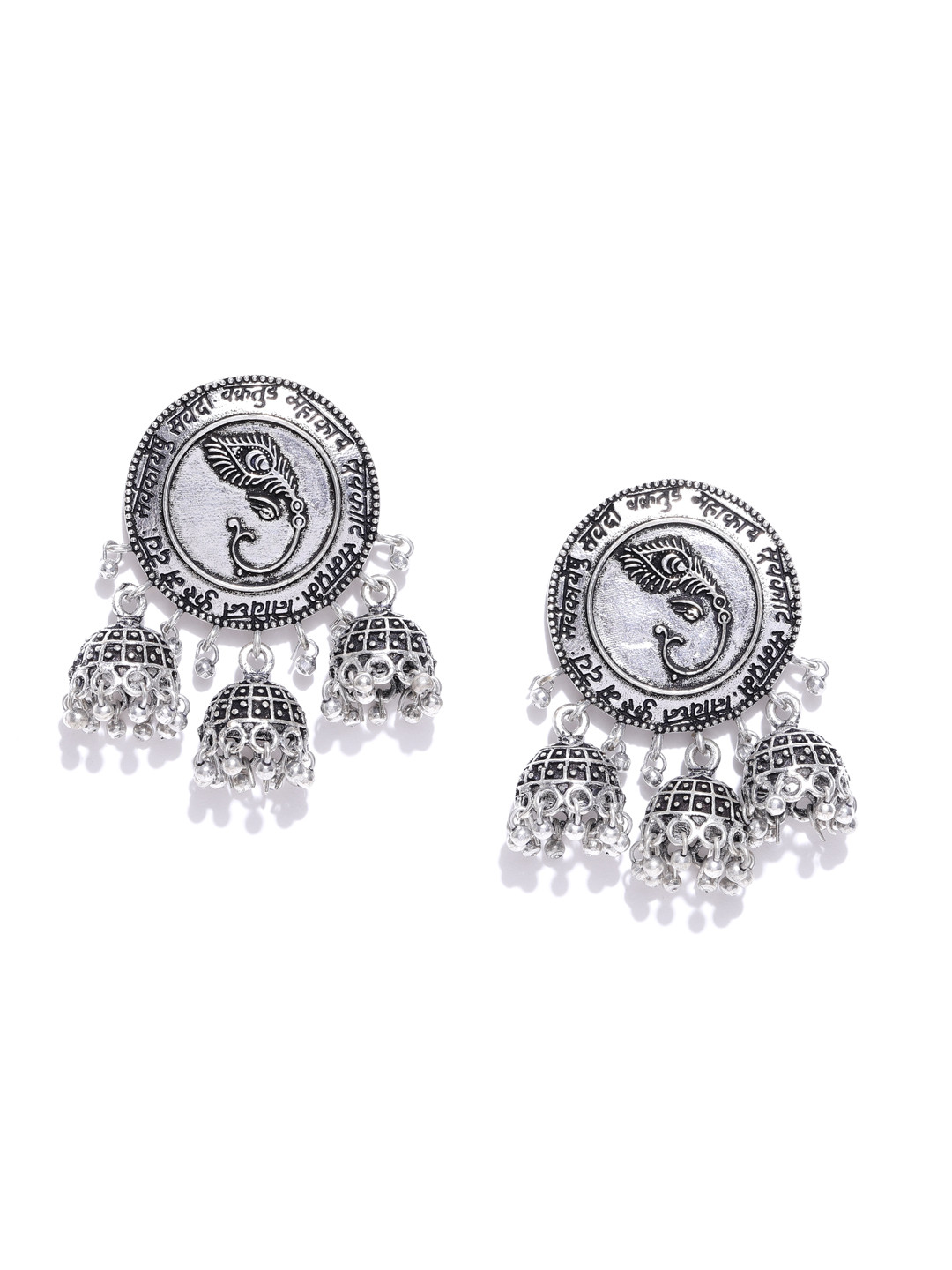 

Infuzze Oxidised Silver-Plated Lord Ganesha Textured Jhumkas