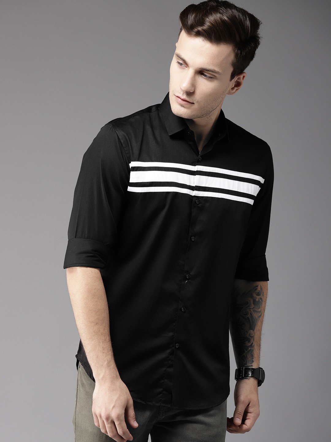 

DENNISON Men Black & White Regular Fit Solid Casual Shirt