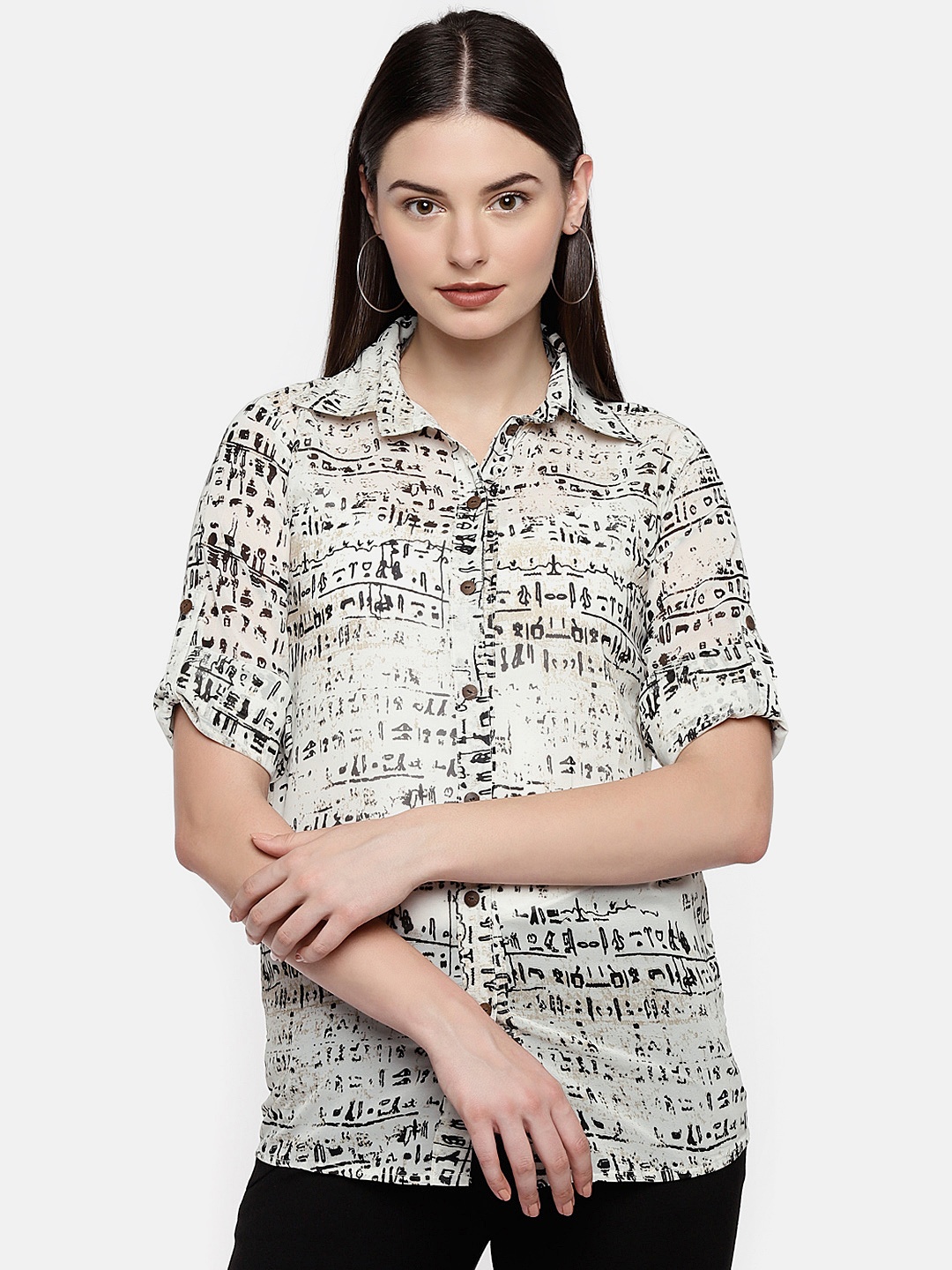 

shiloh Women Off-White Printed Shirt Style Top