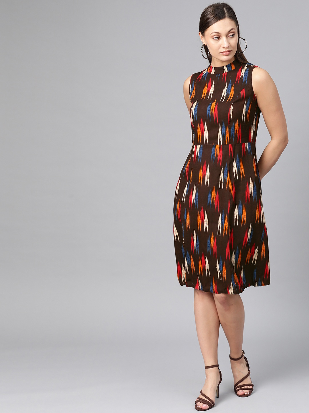 

Ayaany Women Coffee Brown & Red Printed A-Line Dress