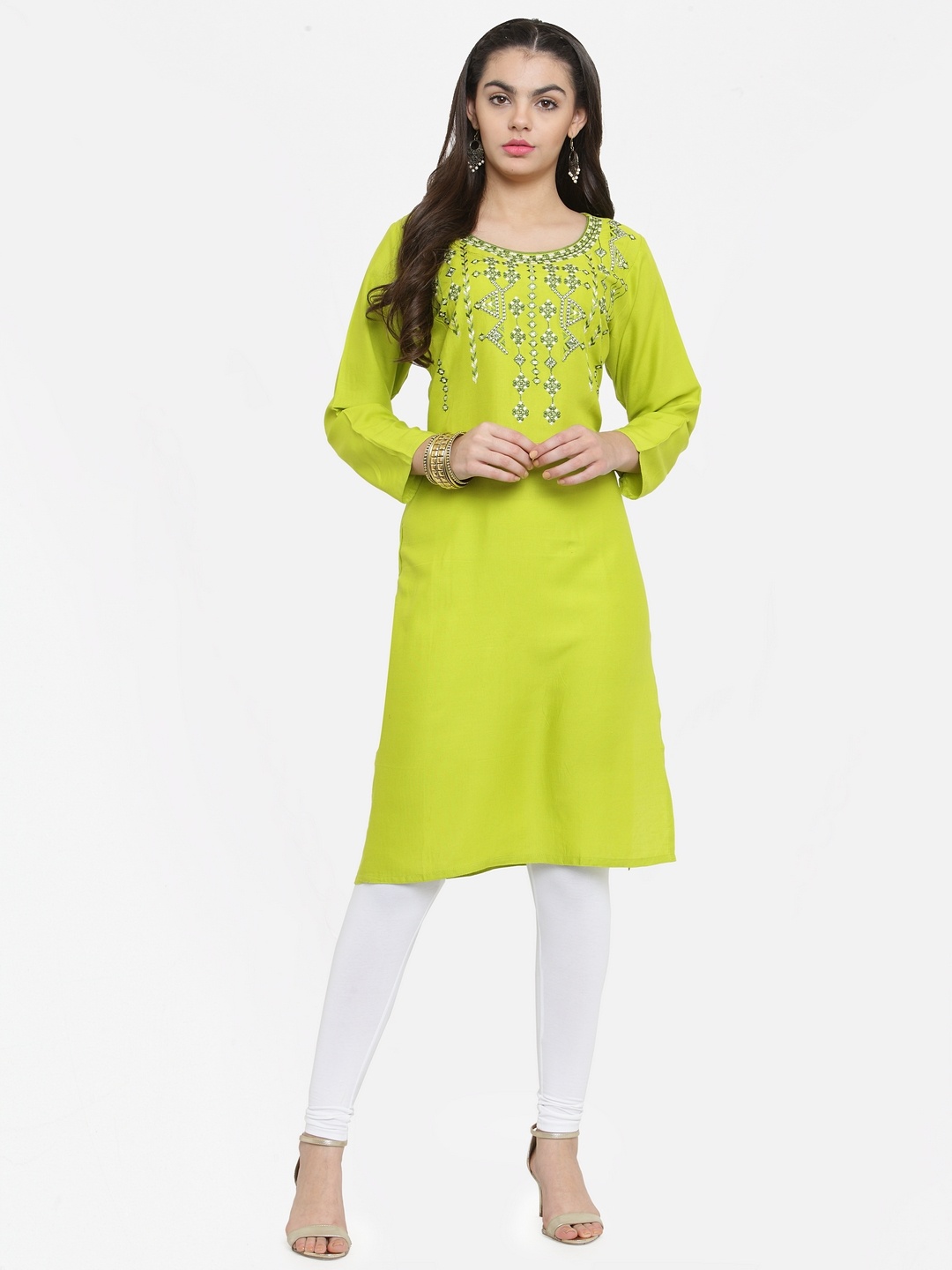 

Kvsfab Women Green Embroidered Straight Kurta