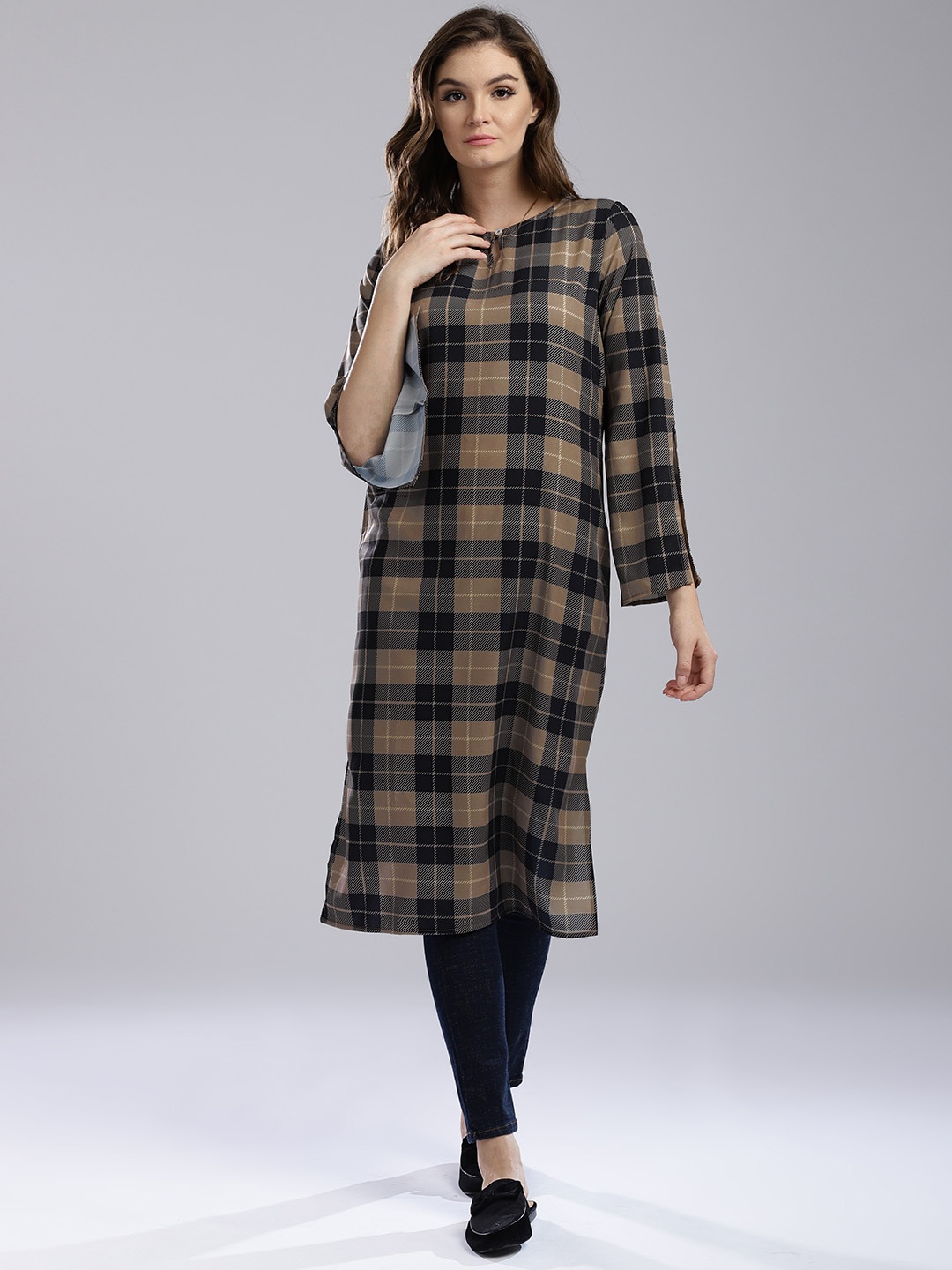 

Hubberholme Women Brown & Black Checked Straight Kurta