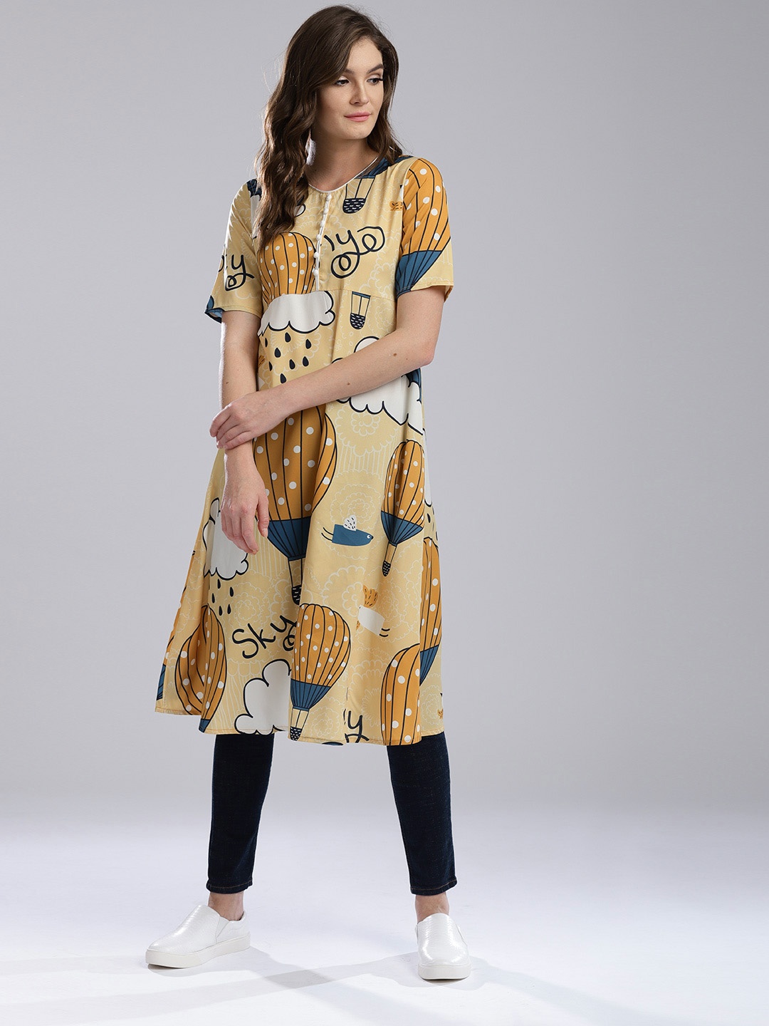 

Hubberholme Women Yellow Printed A-Line Kurta