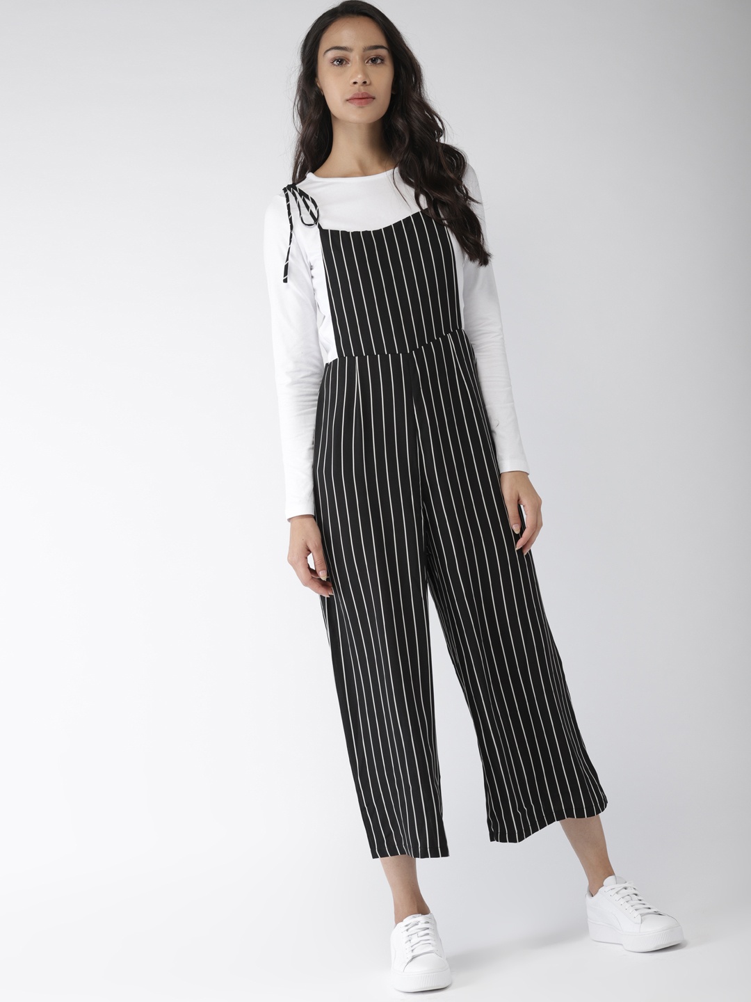 

FOREVER 21 Black & White Striped Culotte Jumpsuit