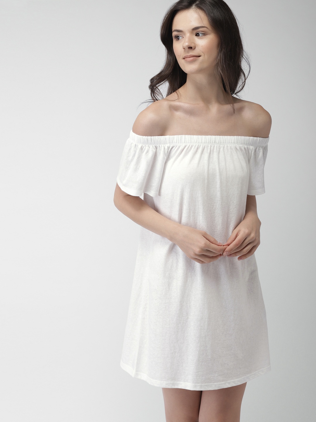 

FOREVER 21 Women White Solid A-Line Bardot Dress