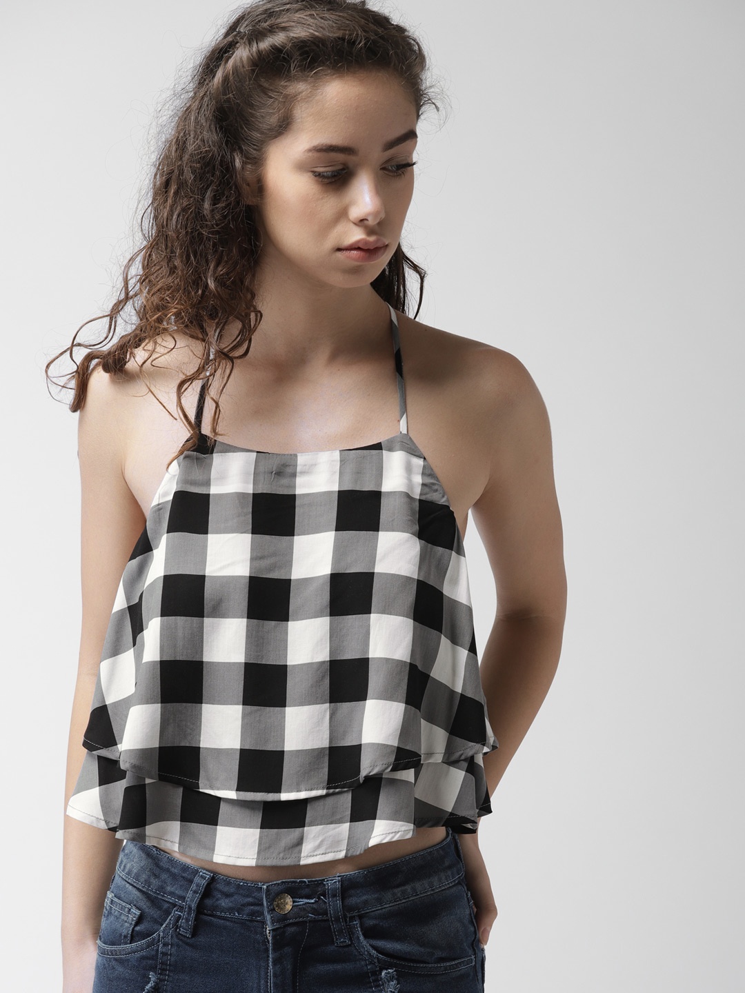 

FOREVER 21 Women Black & White Checked Layered Top