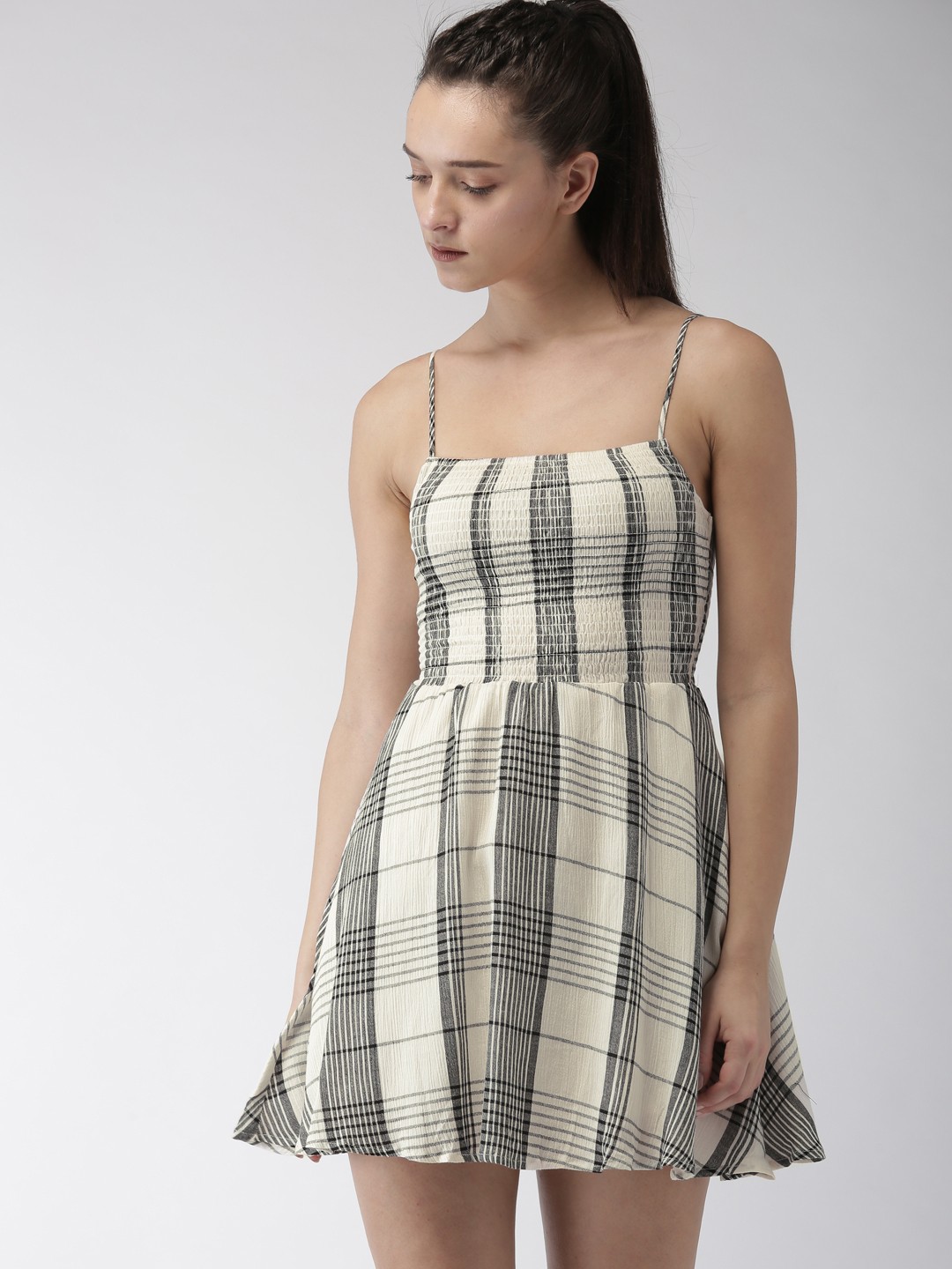 

FOREVER 21 Women Off-White Checked Fit & Flare Smocked Dress
