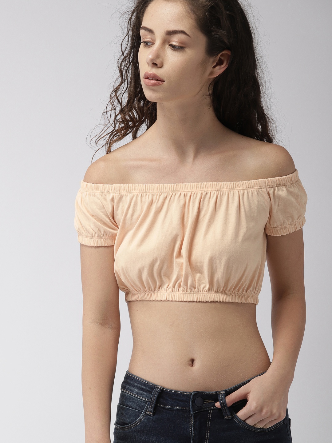 

FOREVER 21 Women Peach-Coloured Solid Bardot Crop Pure Cotton Top