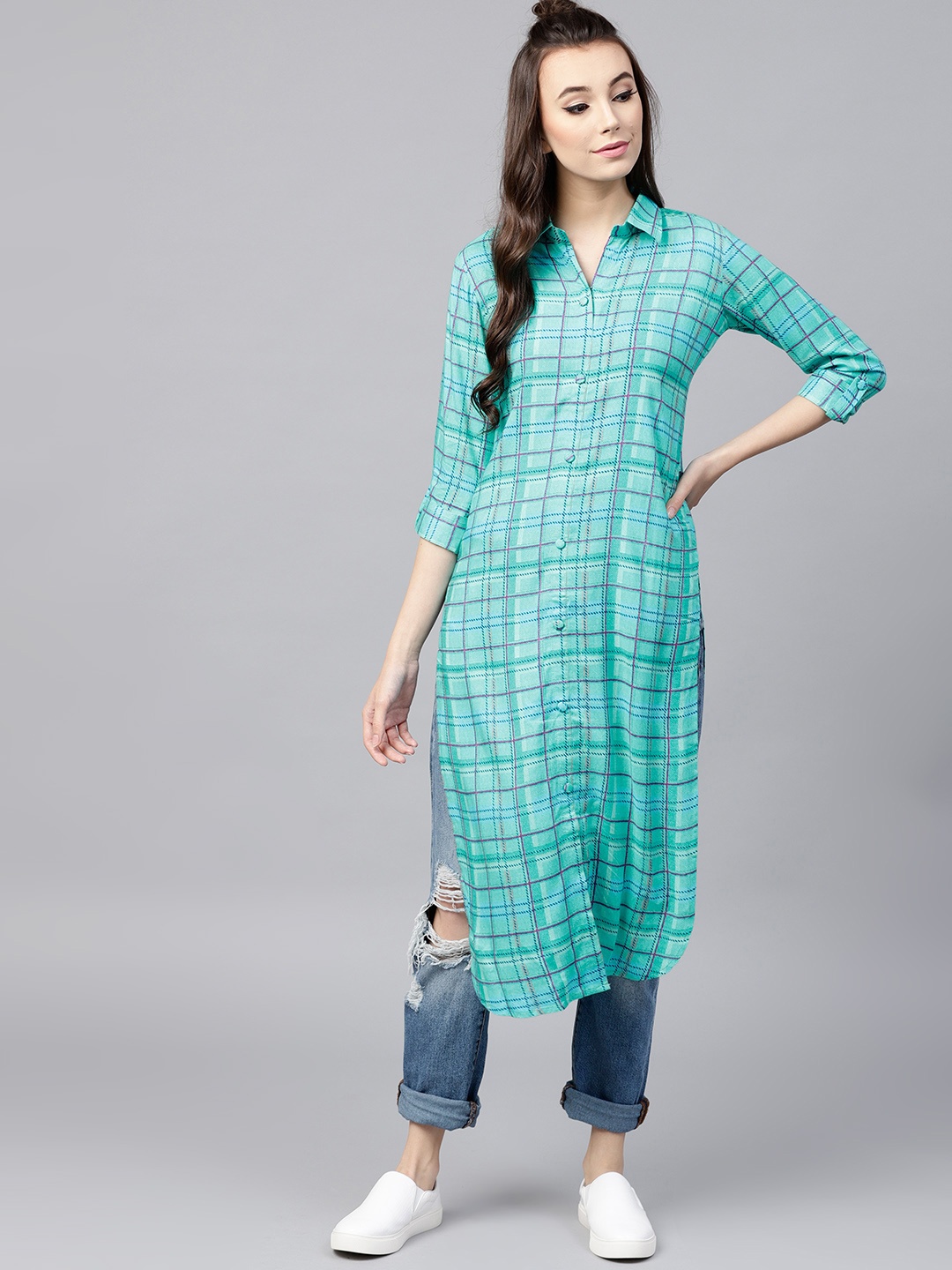 

GERUA Women Blue Checked Straight Kurta