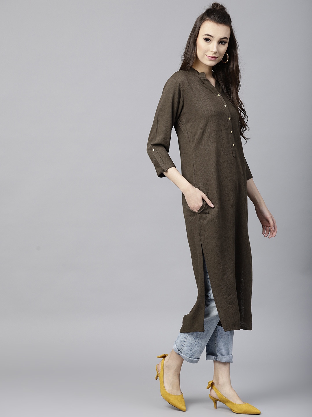 

Gerua By Libas Women Olive Brown Solid Straight Kurta