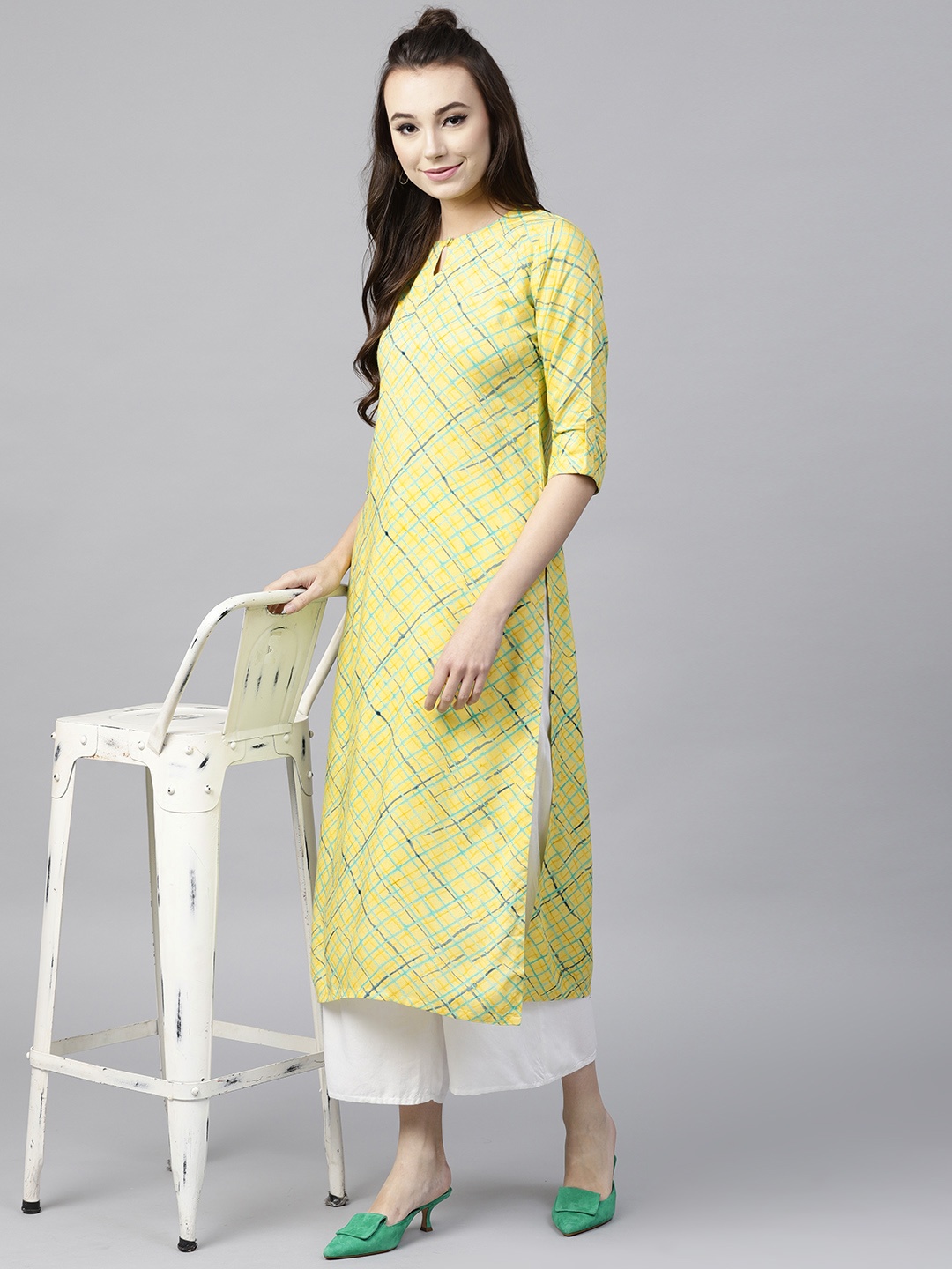 

GERUA Women Yellow & Green Checked Straight Kurta