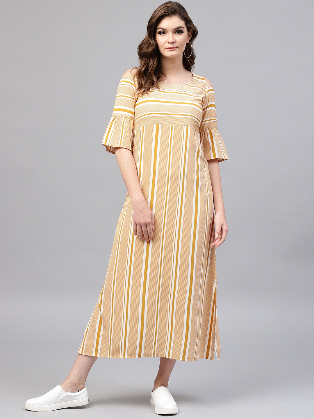 

GERUA Women Mustard Yellow & White Striped Maxi Dress