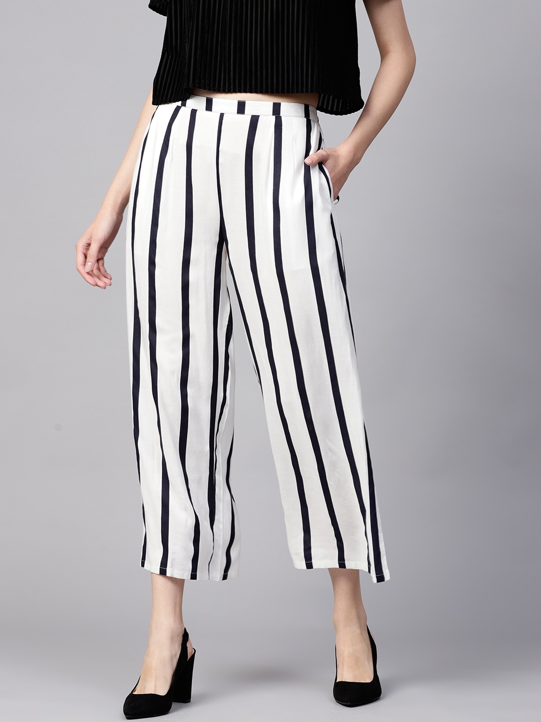 

GERUA Women White & Navy Blue & White Striped Wide Leg Palazzos