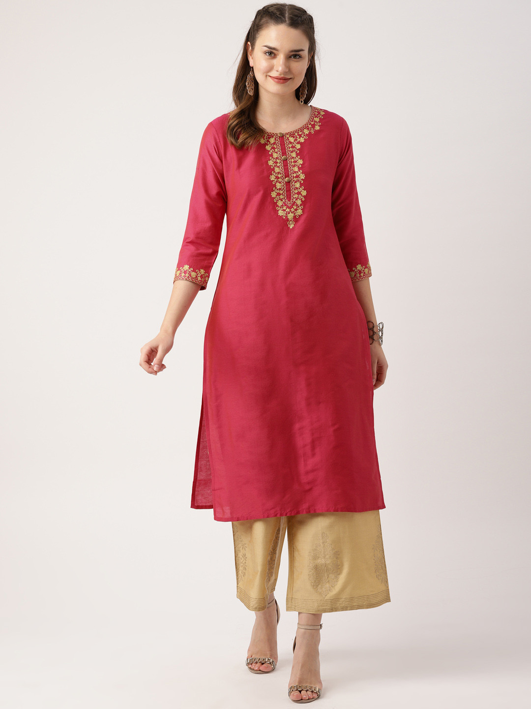 

IMARA Women Pink & Beige Embroidered Kurta with Palazzos