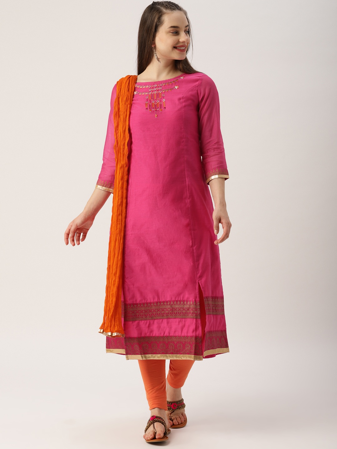 

IMARA Women Pink & Orange Solid Kurta with Pyjamas & Dupatta