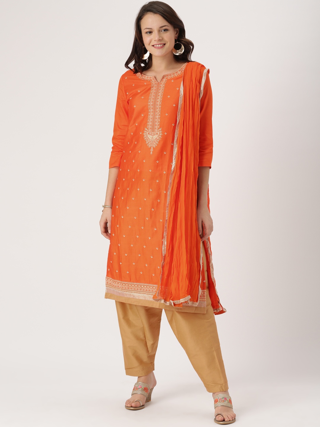 

IMARA Women Orange & Beige Embroidered Kurta with Pyjamas & Dupatta