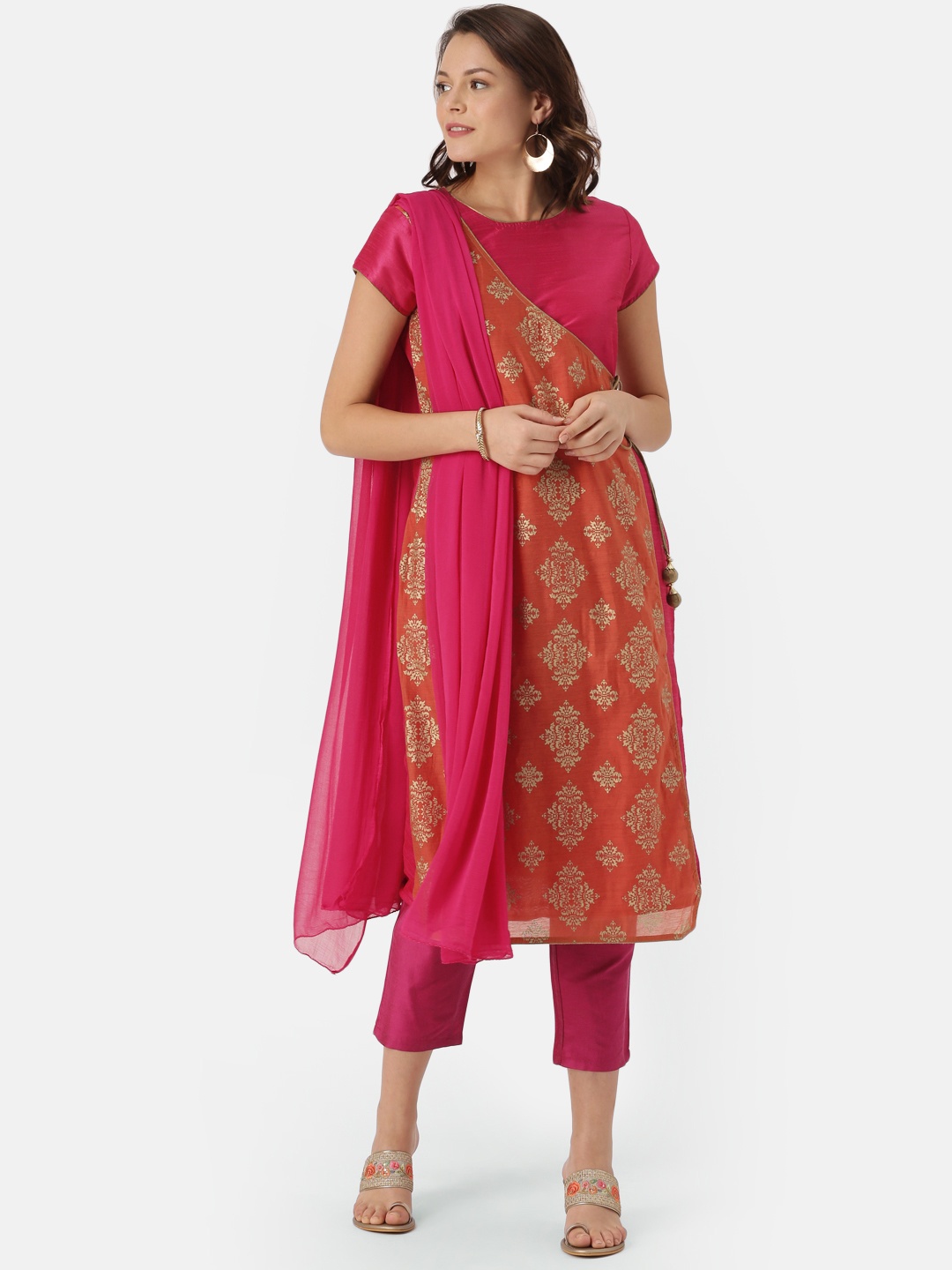 

IMARA Women Rust & Magenta Printed Kurta with Churidar & Dupatta