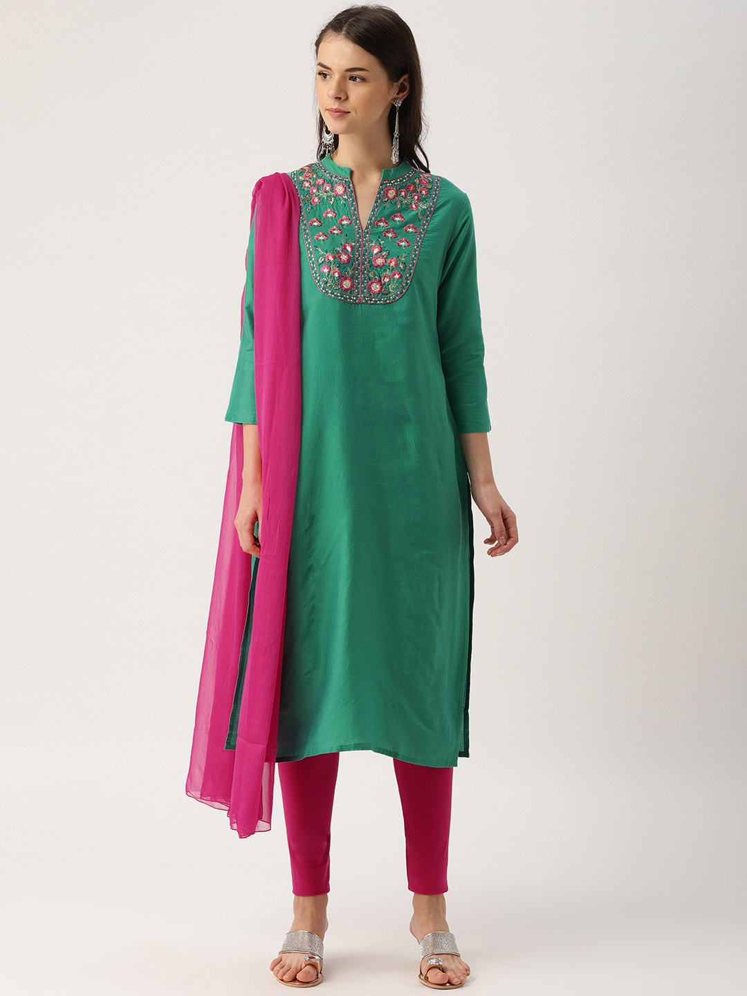 

IMARA Women Green & Pink Embroidered Kurta with Churidar & Dupatta