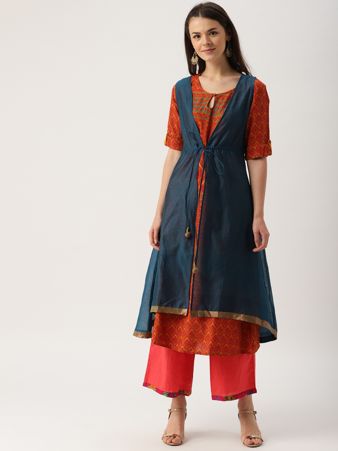 

IMARA Women Blue & Red Printed Layered Kurta