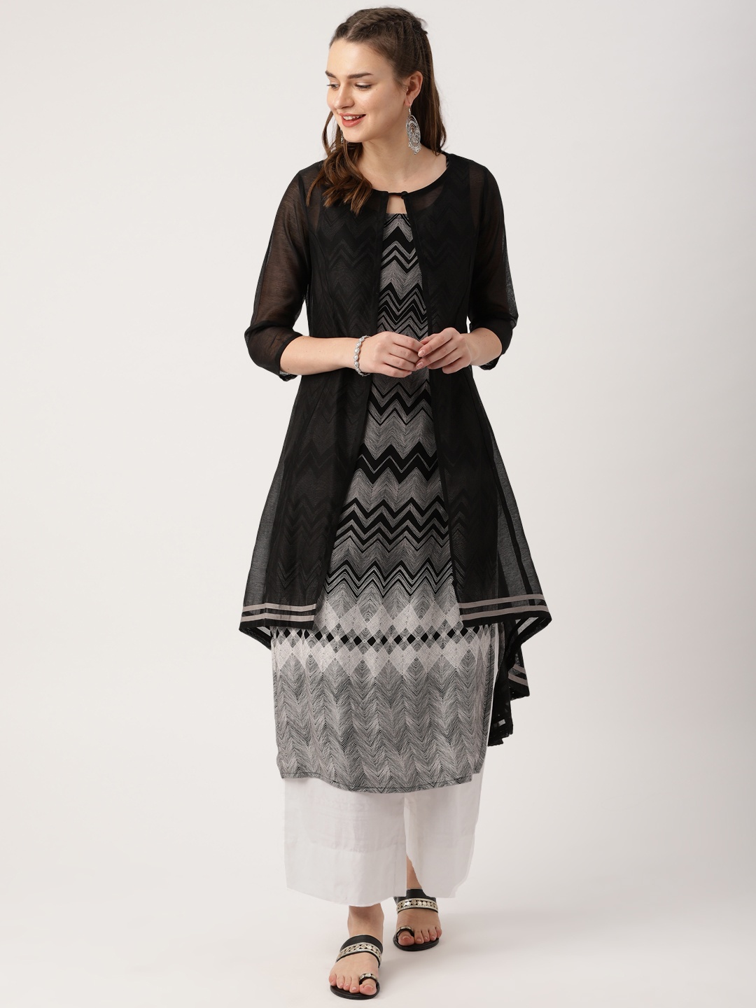 

IMARA Women Black & Grey Printed A-Line Layered Kurta
