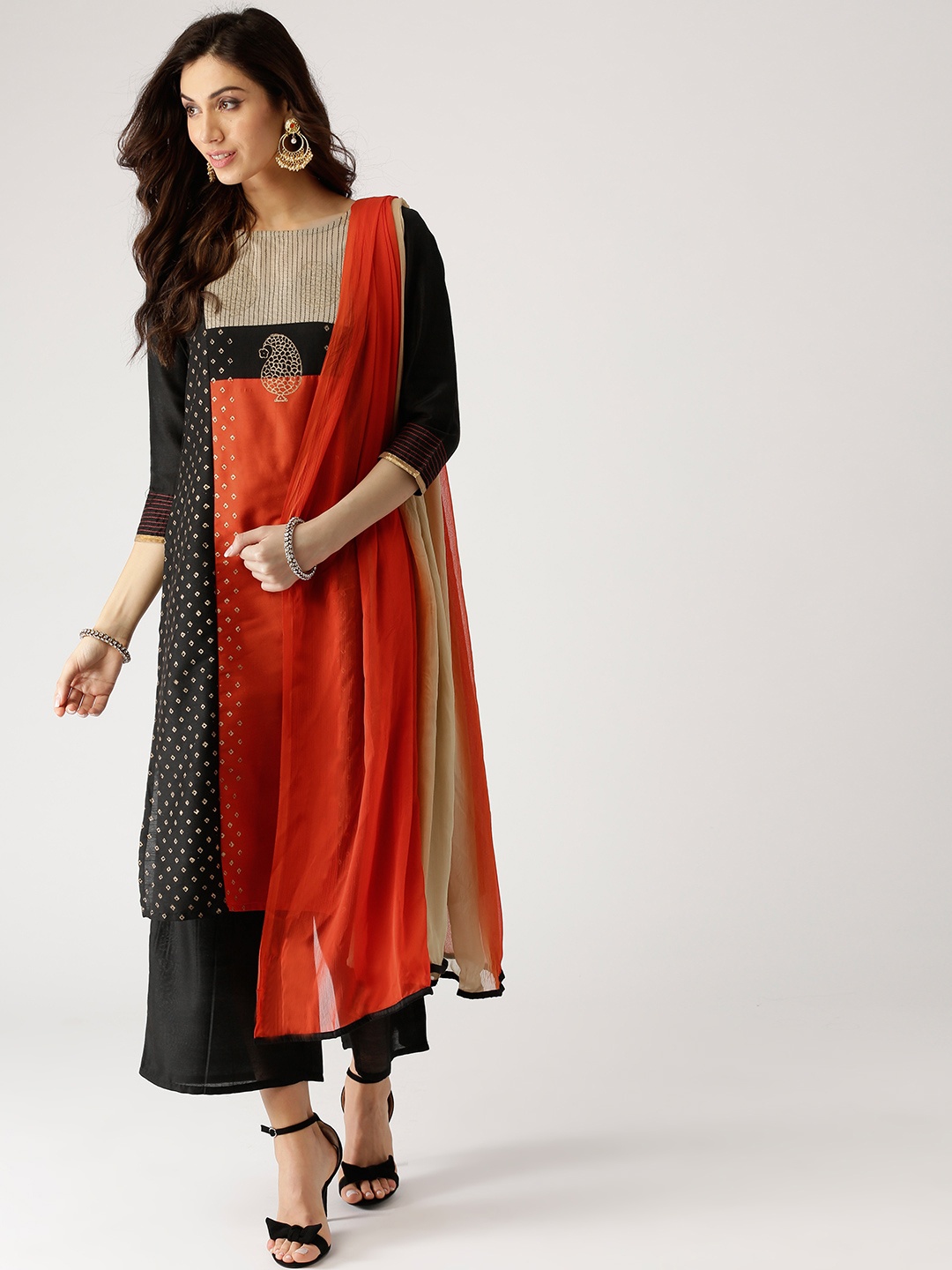 

IMARA Women Black & Red Colourblocked Kurta with Palazzos & Dupatta