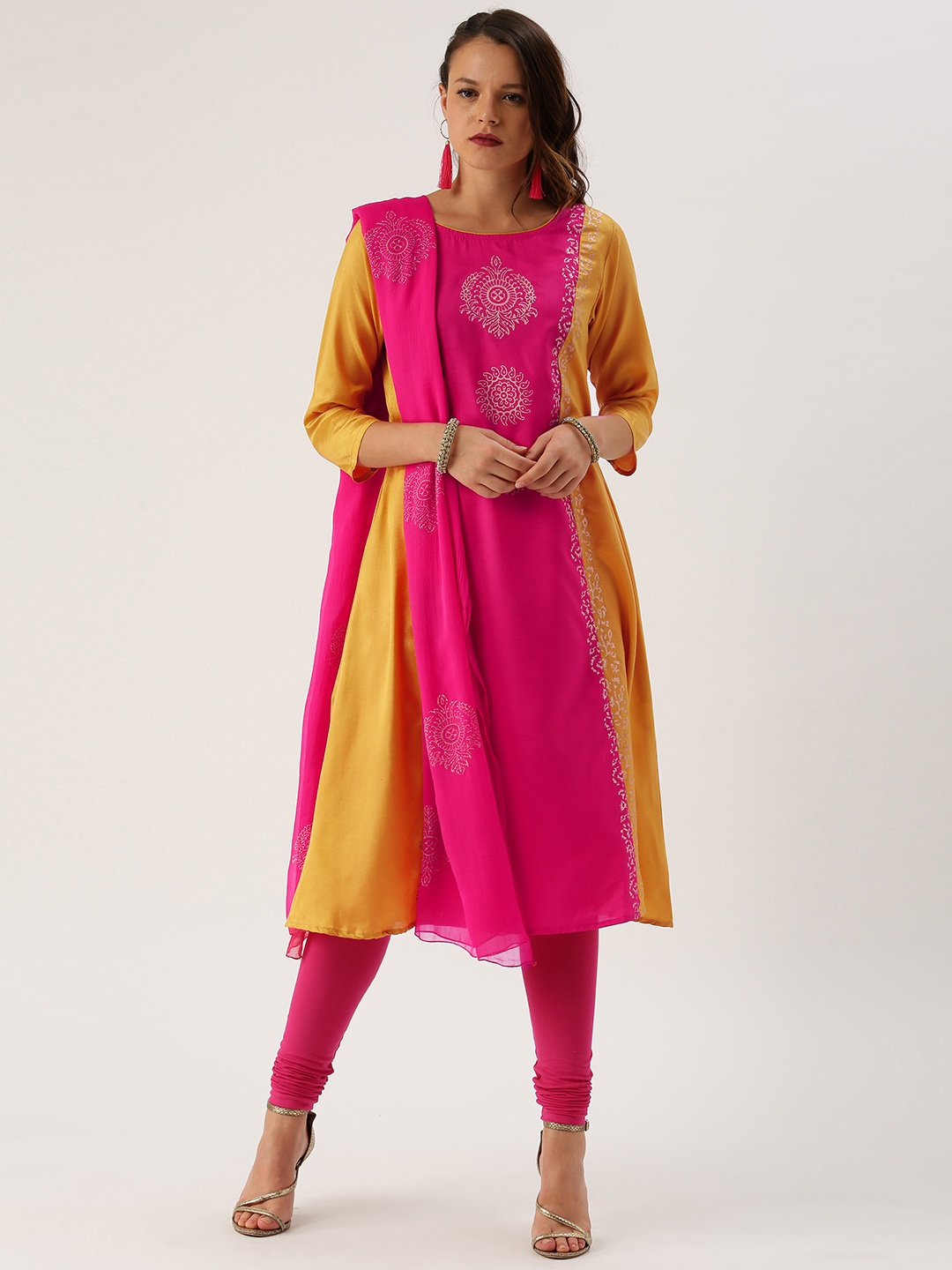 

IMARA Women Pink & Mustard Yellow Printed Kurta with Churidar & Dupatta