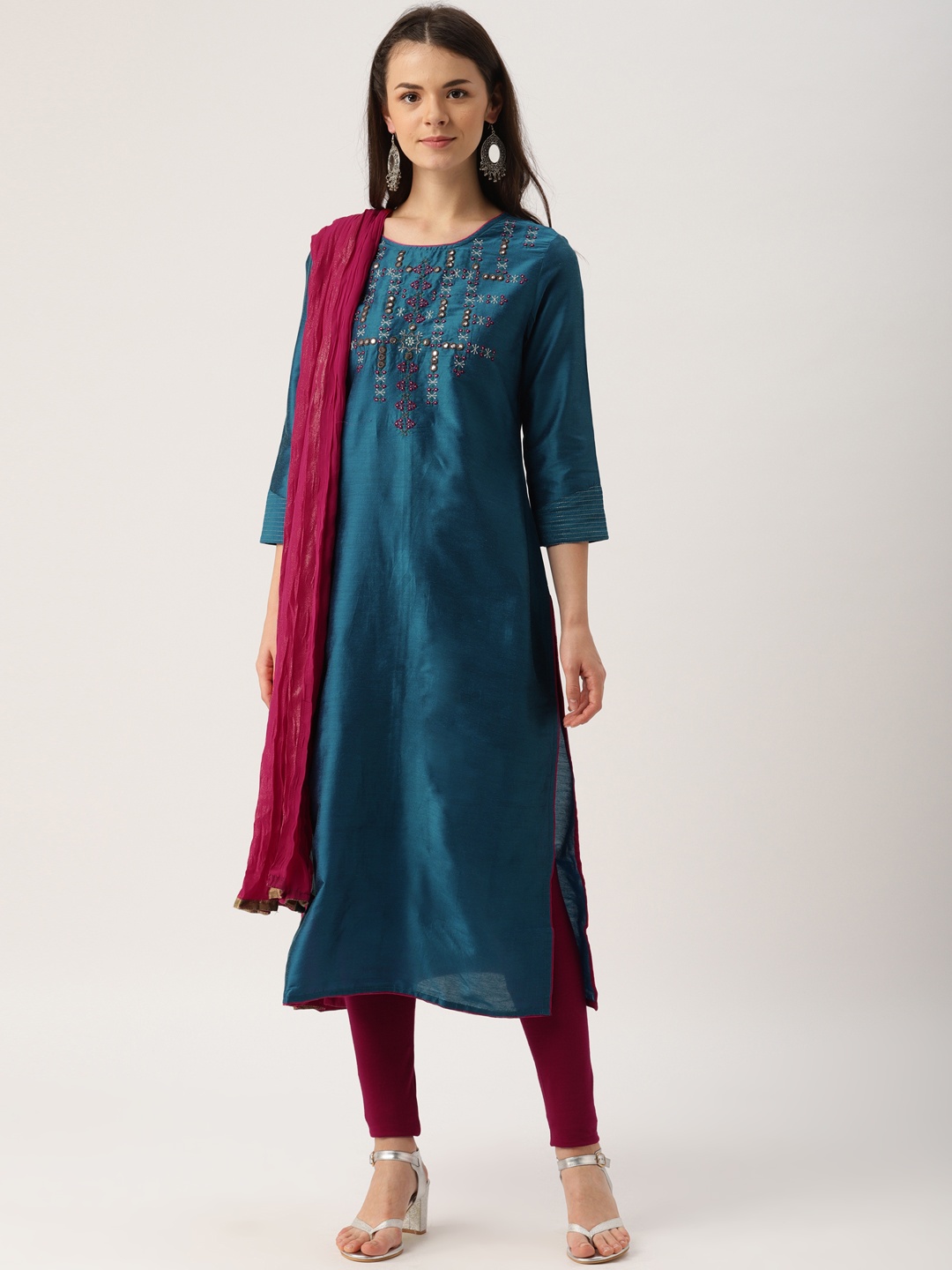 

IMARA Women Blue & Magenta Embroidered Kurta with Pyjamas & Dupatta