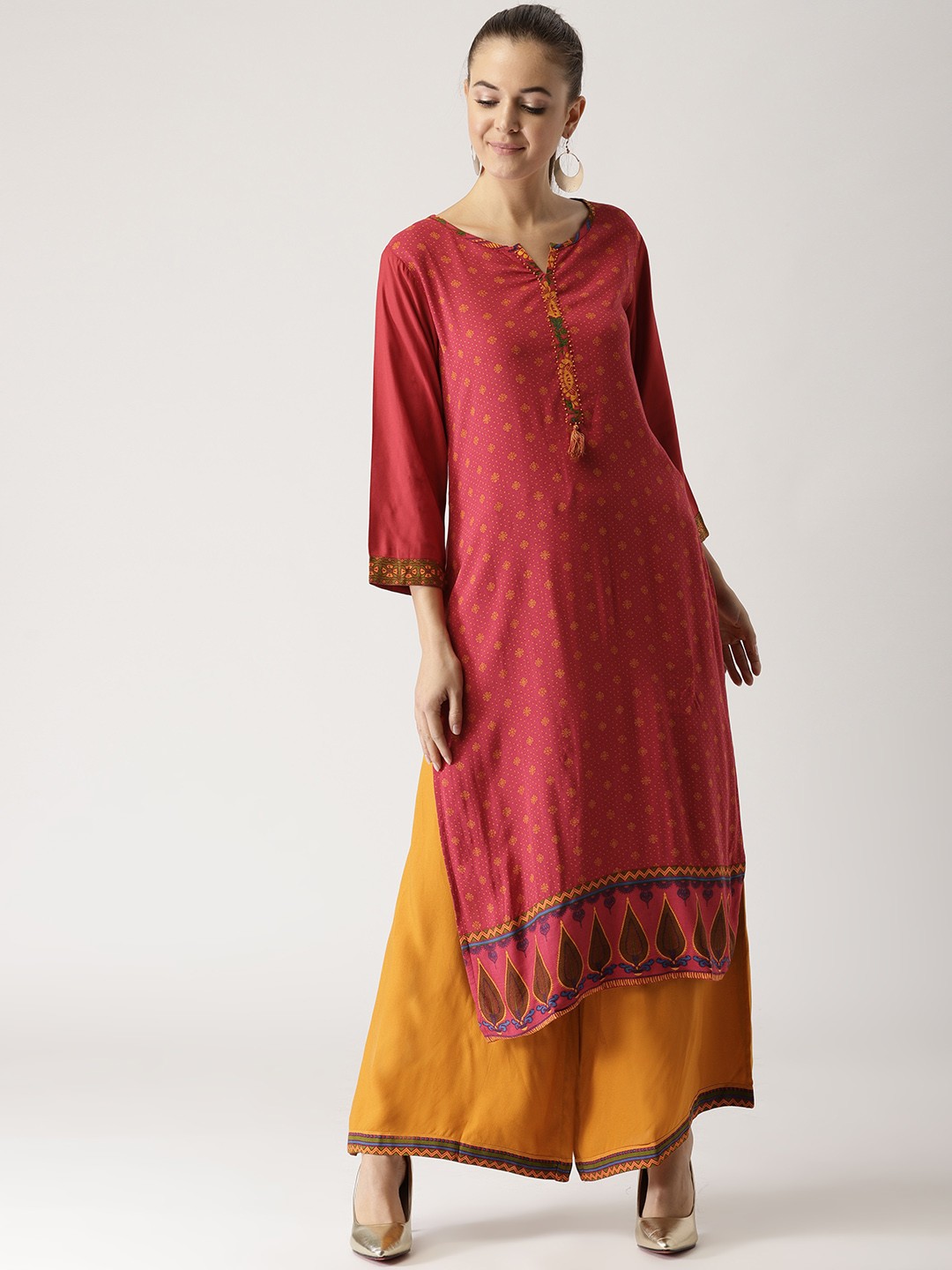 

IMARA Women Pink & Mustard Yellow Printed Kurta with Palazzos
