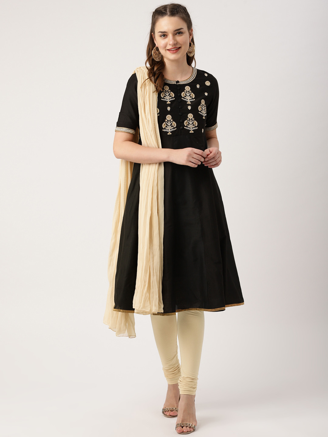 

IMARA Women Black & Cream-Coloured Embroidered Kurta with Churidar & Dupatta