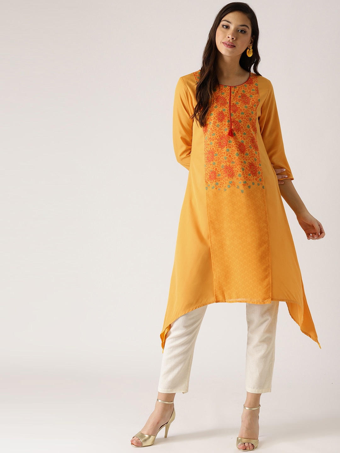 

IMARA Women Yellow & Orange Printed A-Line Kurta