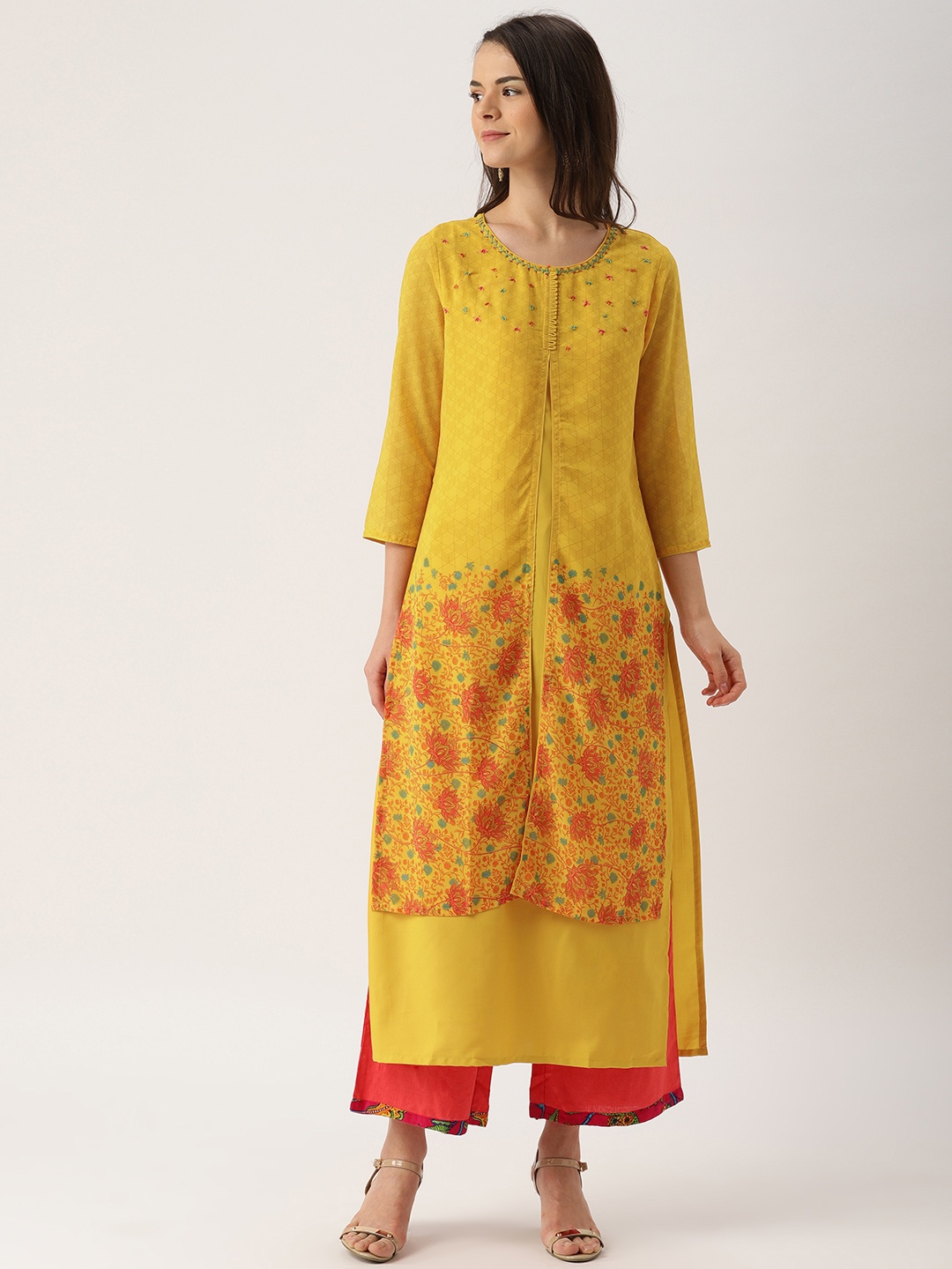 

IMARA Women Mustard Yellow & Orange Printed Straight Kurta