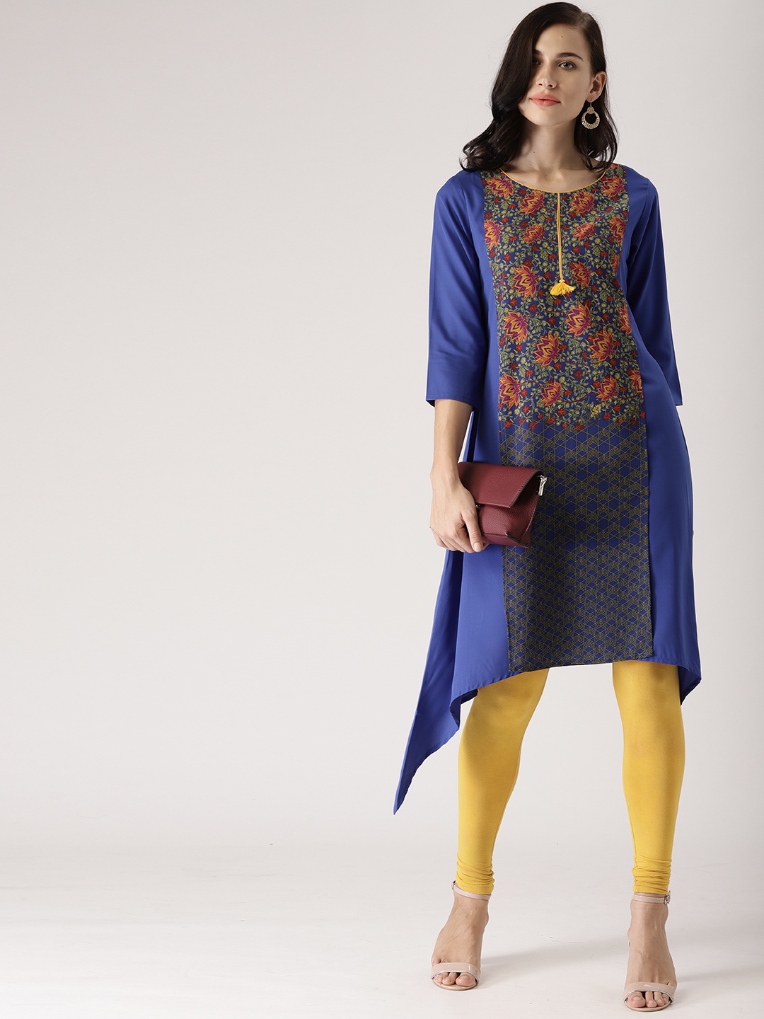 

IMARA Women Blue & Mustard Yellow Printed Layered Asymmetric A-Line Kurta