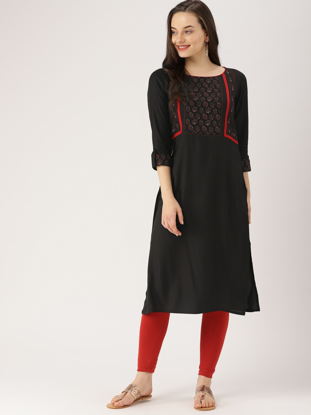 

IMARA Women Black & Red Printed Straight Kurta