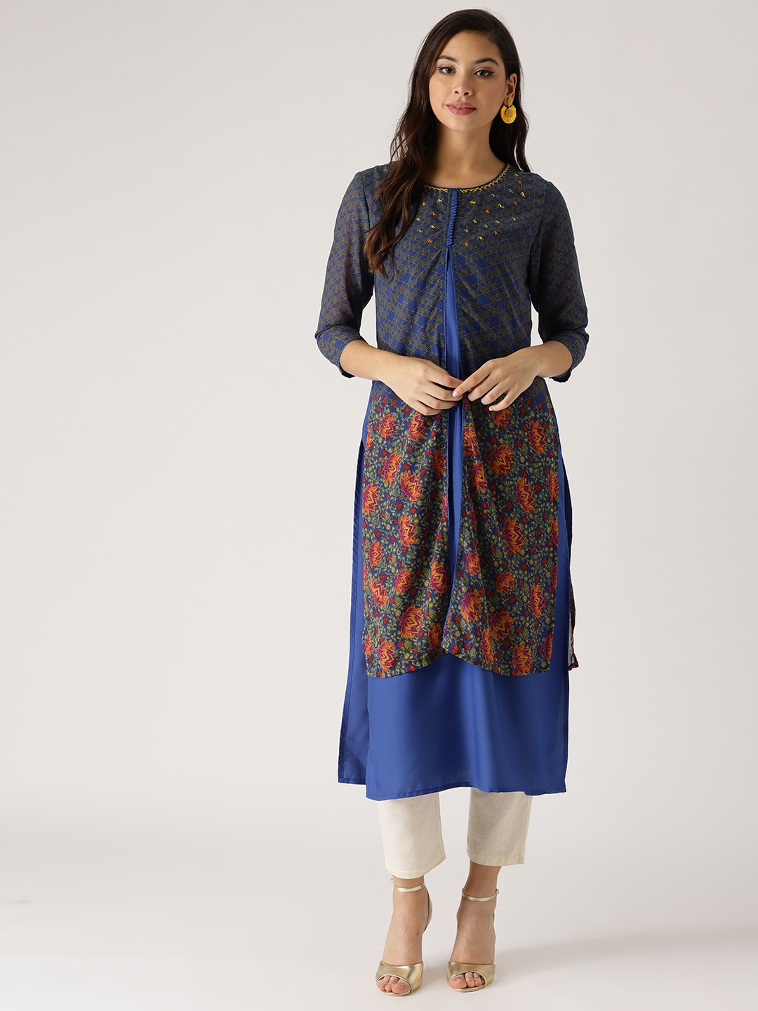 

IMARA Women Blue & Yellow Printed Layered Straight Kurta